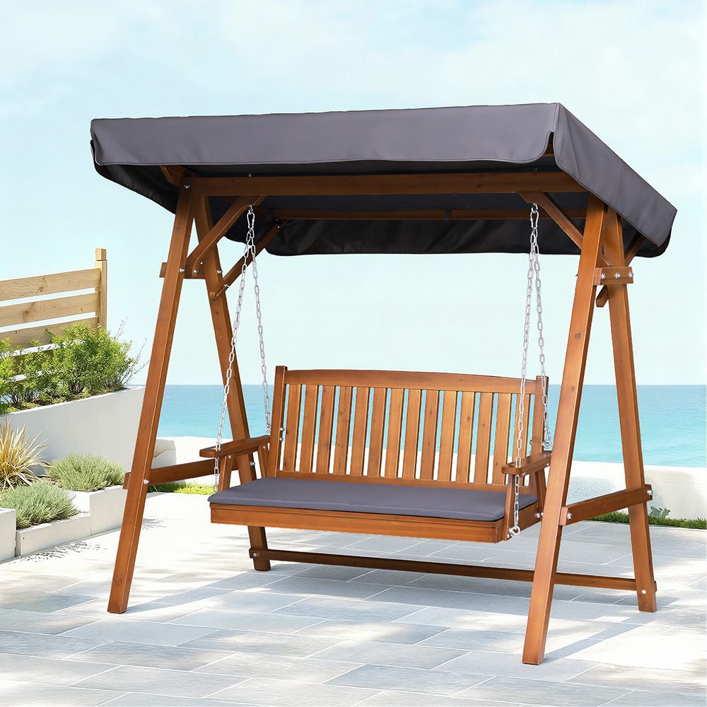 Gardeon Outdoor Wooden Swing Chair Garden Bench Canopy Cushion 3 Seater Teak