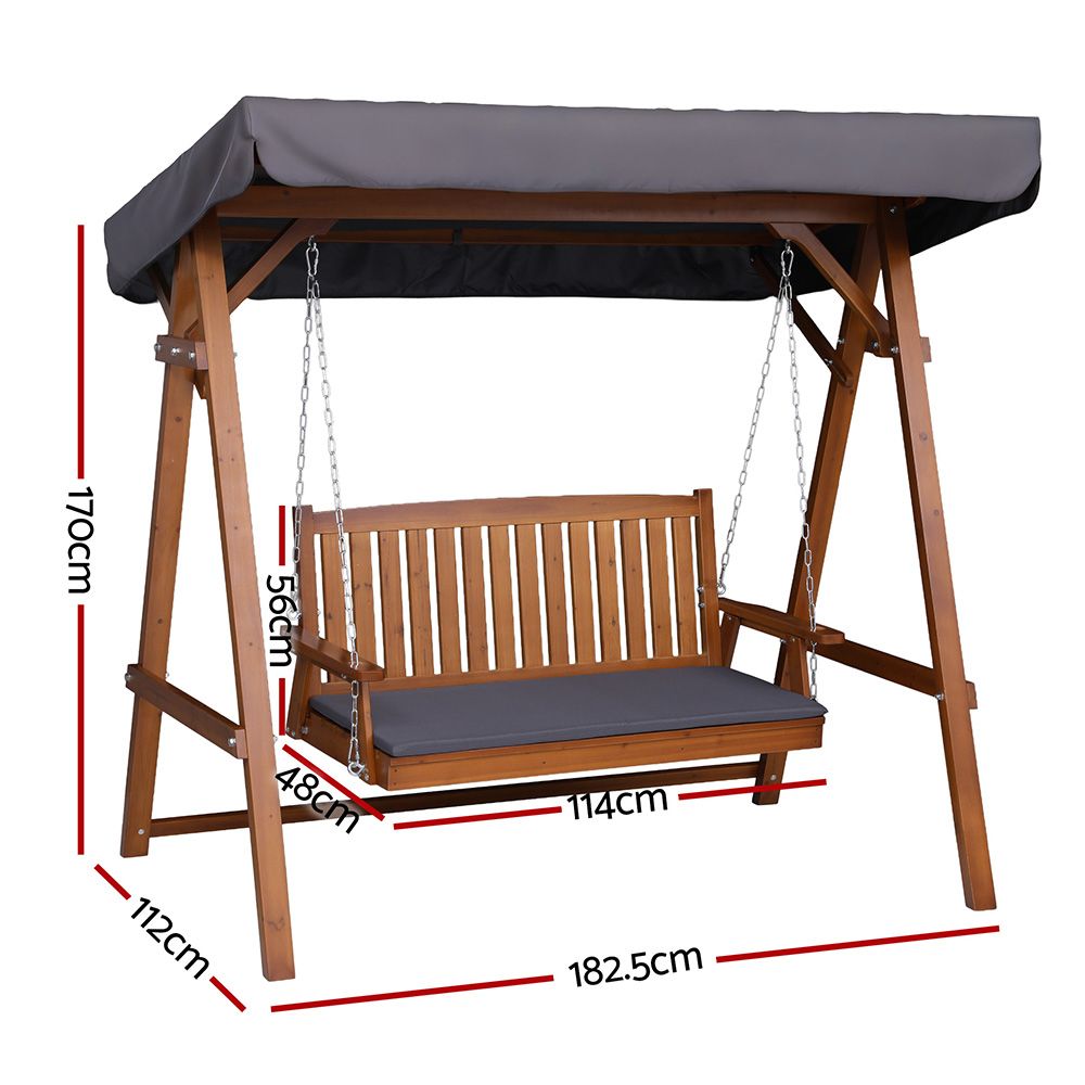 Gardeon Outdoor Wooden Swing Chair Garden Bench Canopy Cushion 3 Seater Teak