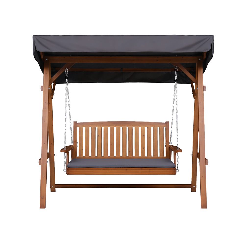 Gardeon Outdoor Wooden Swing Chair Garden Bench Canopy Cushion 3 Seater Teak