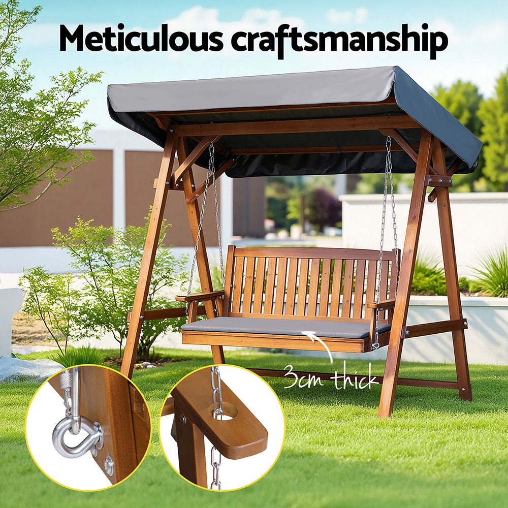 Gardeon Outdoor Wooden Swing Chair Garden Bench Canopy Cushion 3 Seater Teak