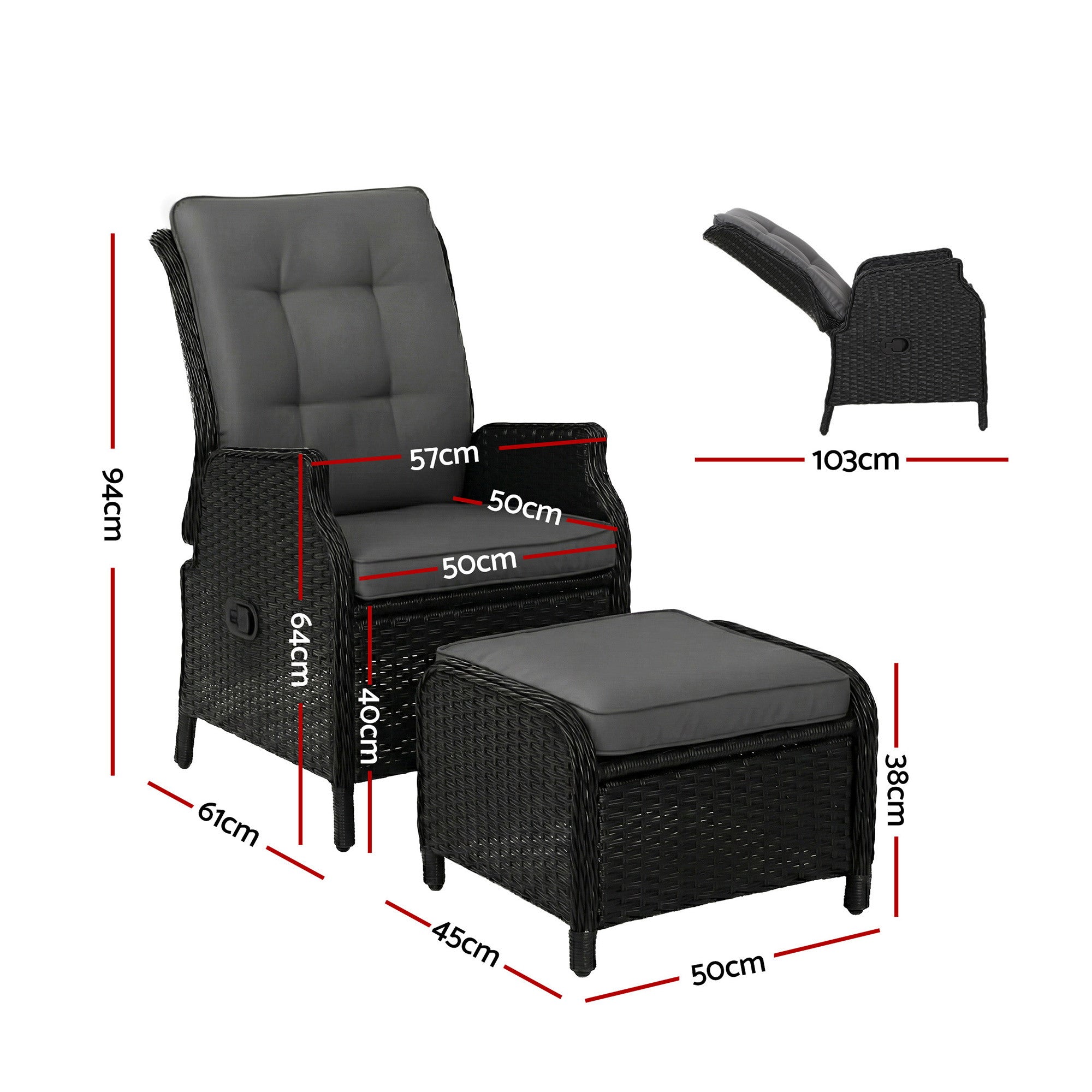 Gardeon Recliner Chair Sun lounge Wicker Lounger Outdoor Furniture Patio Adjustable Black