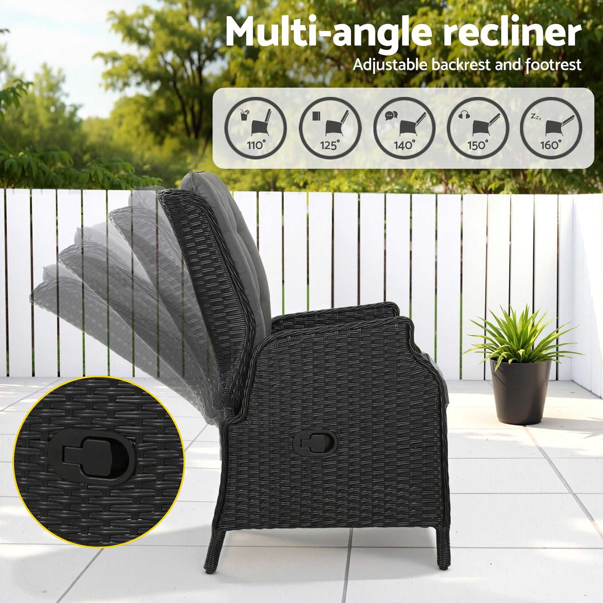 Gardeon Recliner Chair Sun lounge Wicker Lounger Outdoor Furniture Patio Adjustable Black