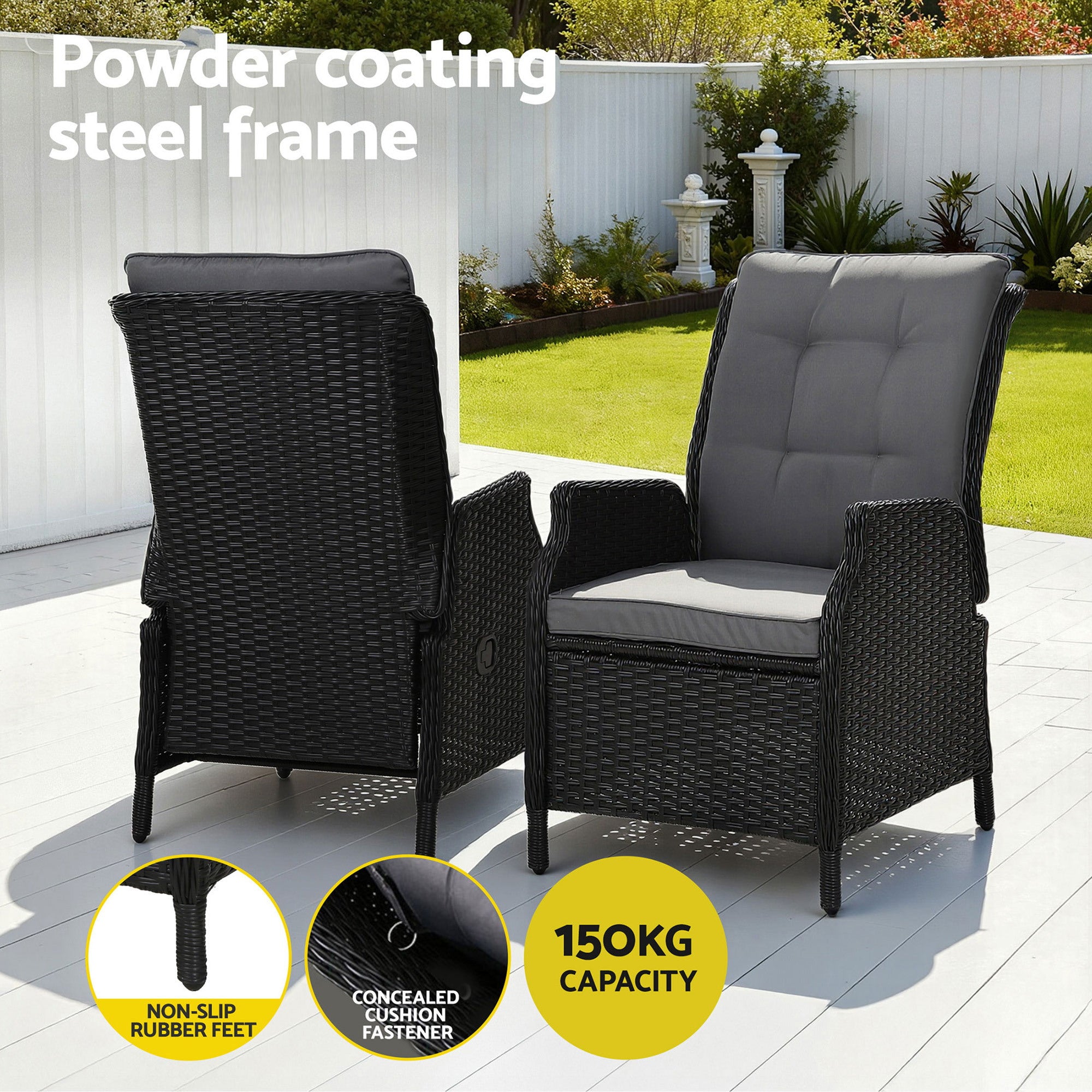 Gardeon Recliner Chair Sun lounge Wicker Lounger Outdoor Furniture Patio Adjustable Black