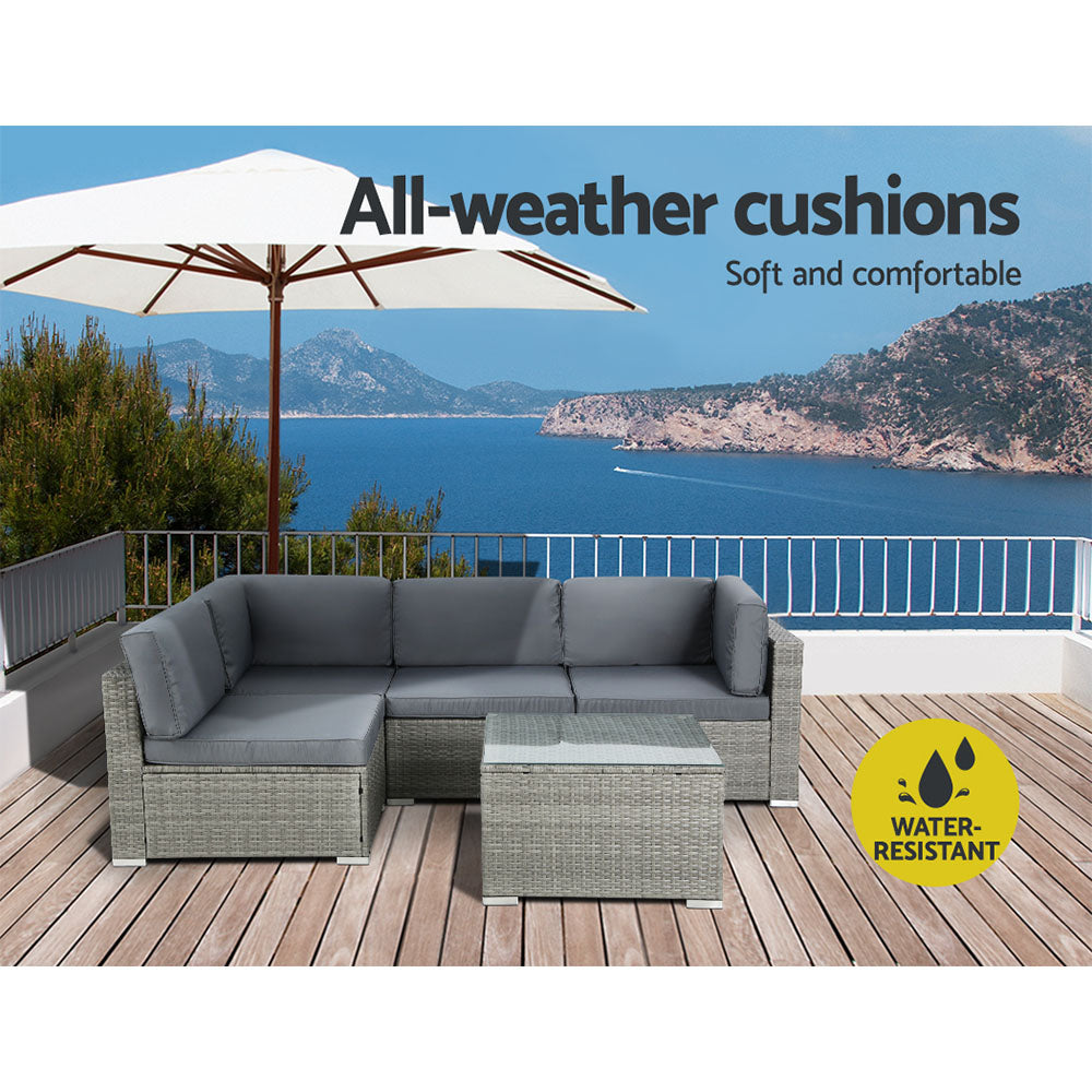Gardeon 5-Piece Outdoor Sofa Set Wicker Couch Lounge Setting 4 Seater Grey