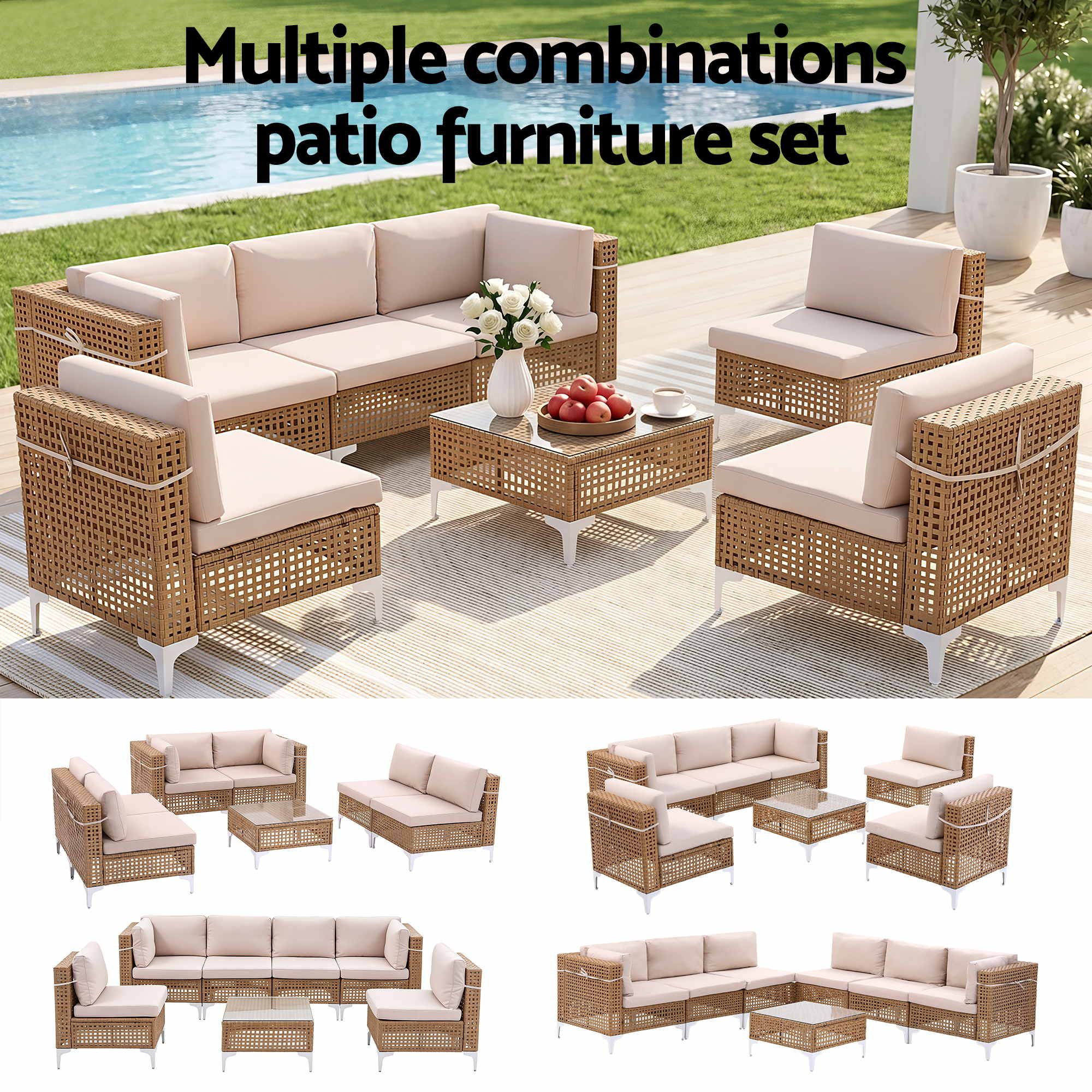Gardeon 6 Seater Outdoor Sofa Set 7PCS Table Chair Set Garden Rattan Patio Furniture