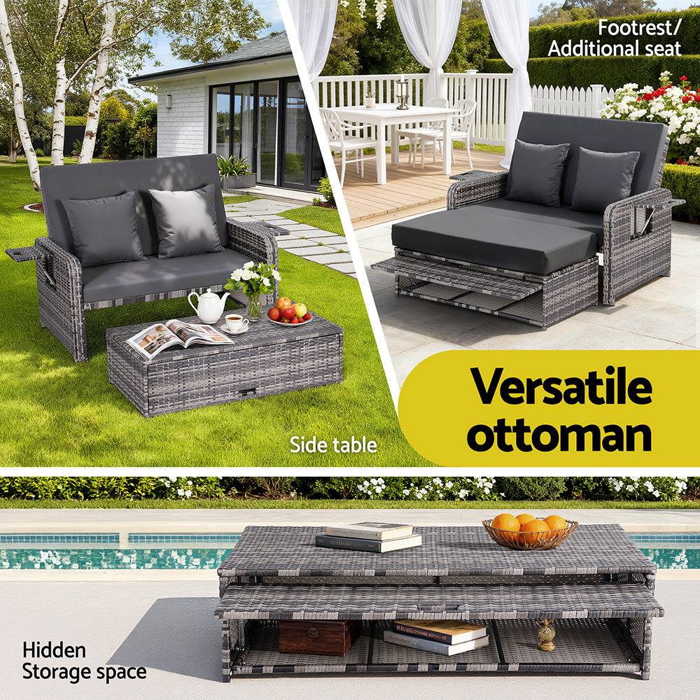 Gardeon Outdoor Day Bed Sun Lounge Setting Wicker Lounger Patio Furniture Grey
