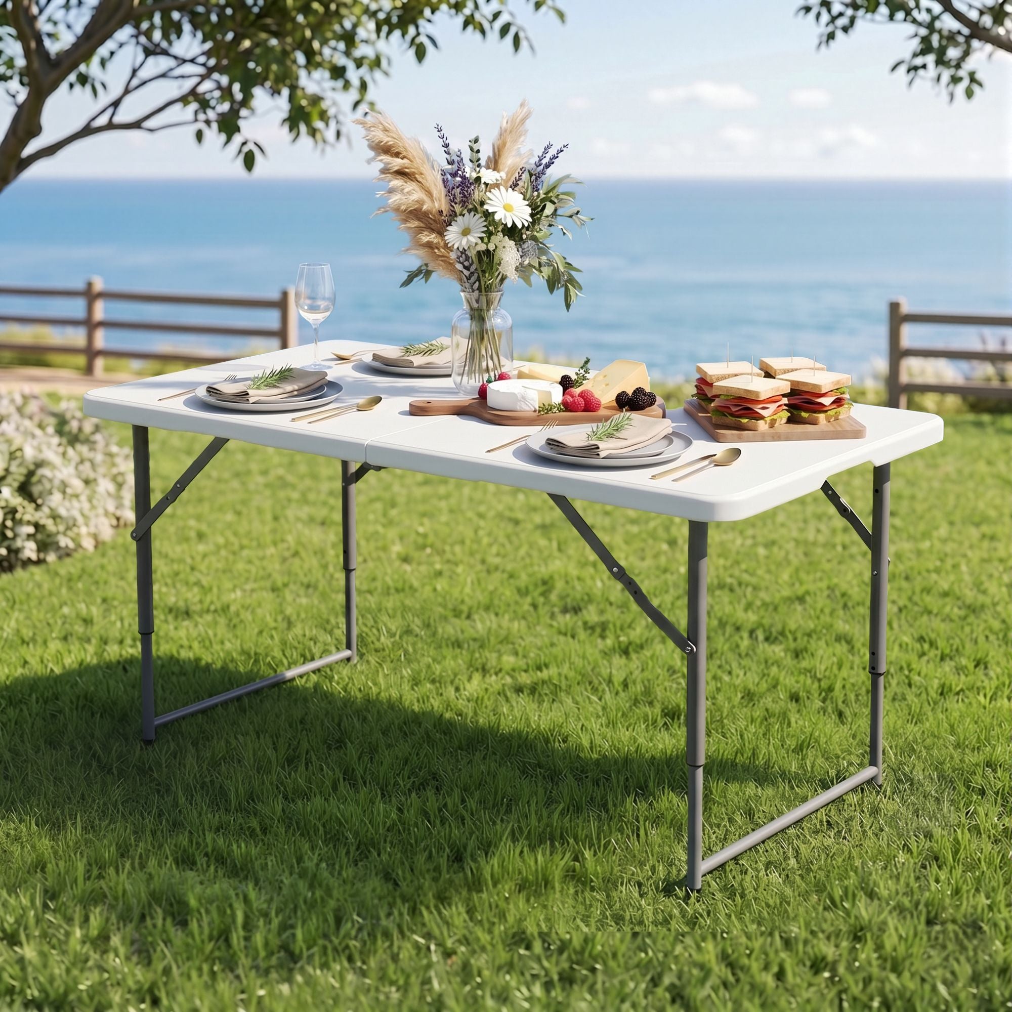 Gardeon 123cm Folding Table Portable Fold-in-Half with Handle Camping Picnic Adjustable Height
