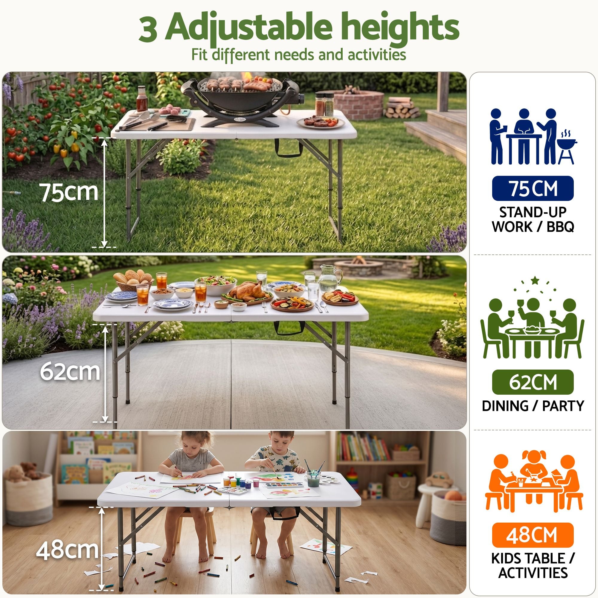 Gardeon 123cm Folding Table Portable Fold-in-Half with Handle Camping Picnic Adjustable Height