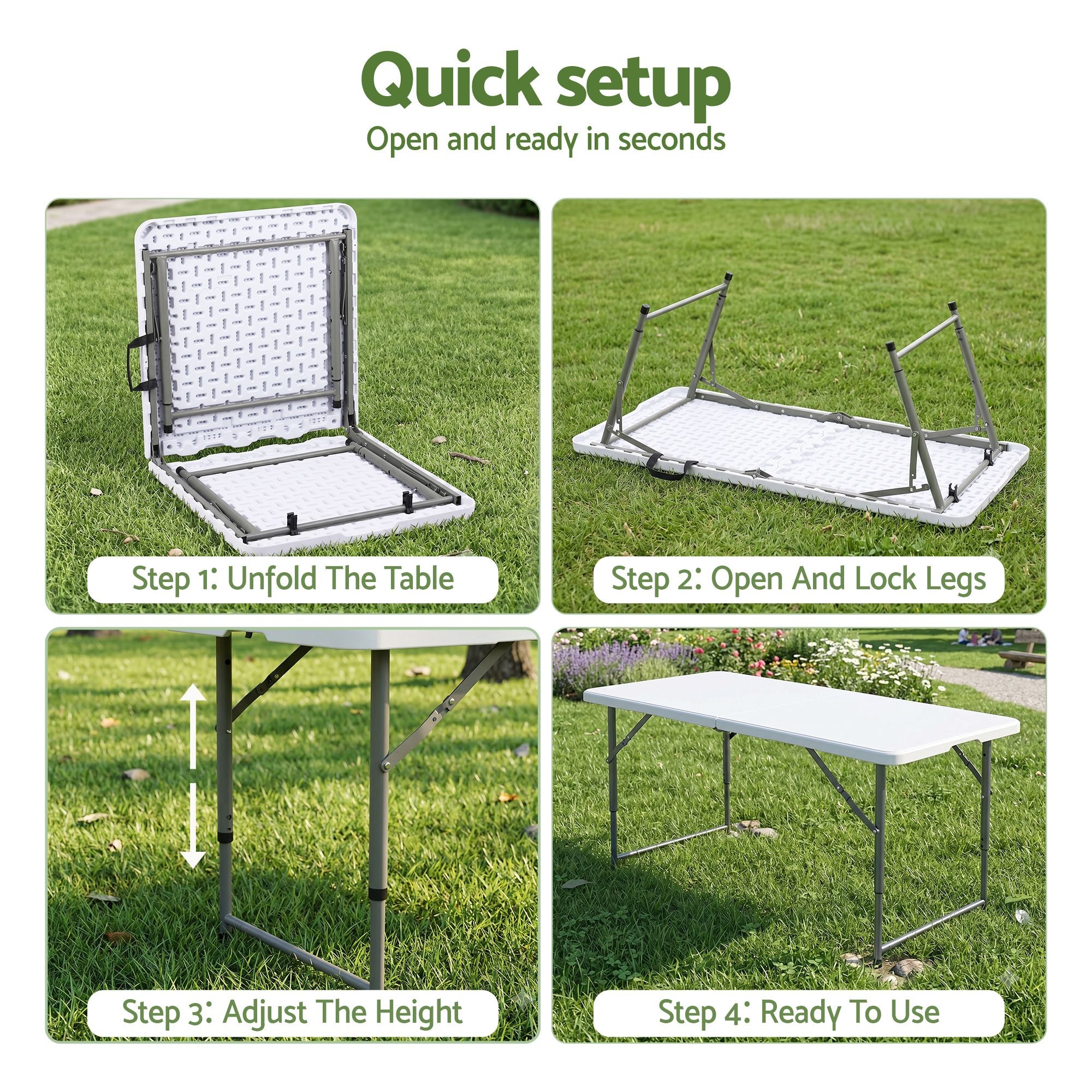 Gardeon 123cm Folding Table Portable Fold-in-Half with Handle Camping Picnic Adjustable Height