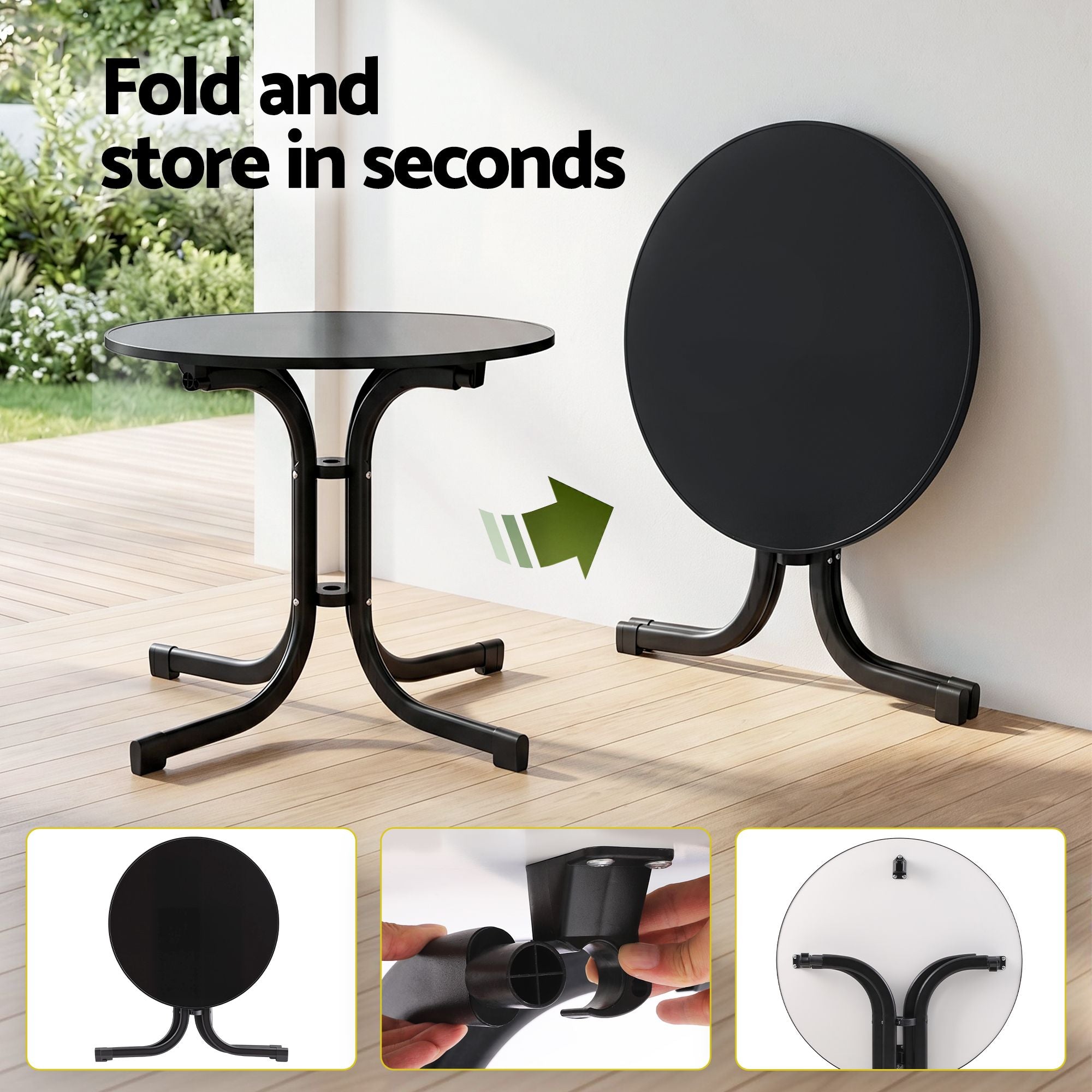 Gardeon Outdoor Side Table 80cm Folding Steel Round Bistro Desk Cafe Patio Furniture Black