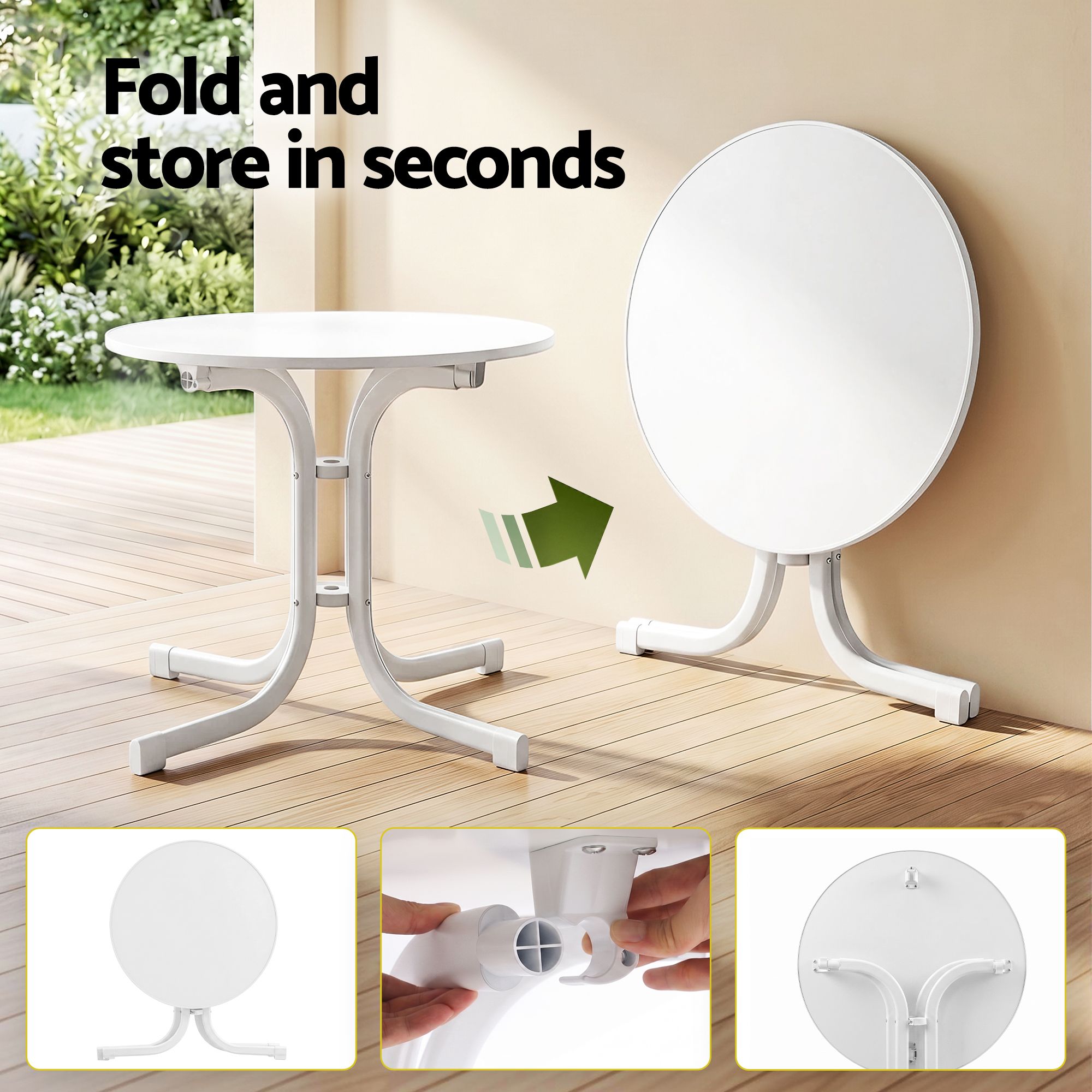Gardeon Outdoor Side Table 80cm Folding Steel Round Bistro Desk Cafe Patio Furniture White