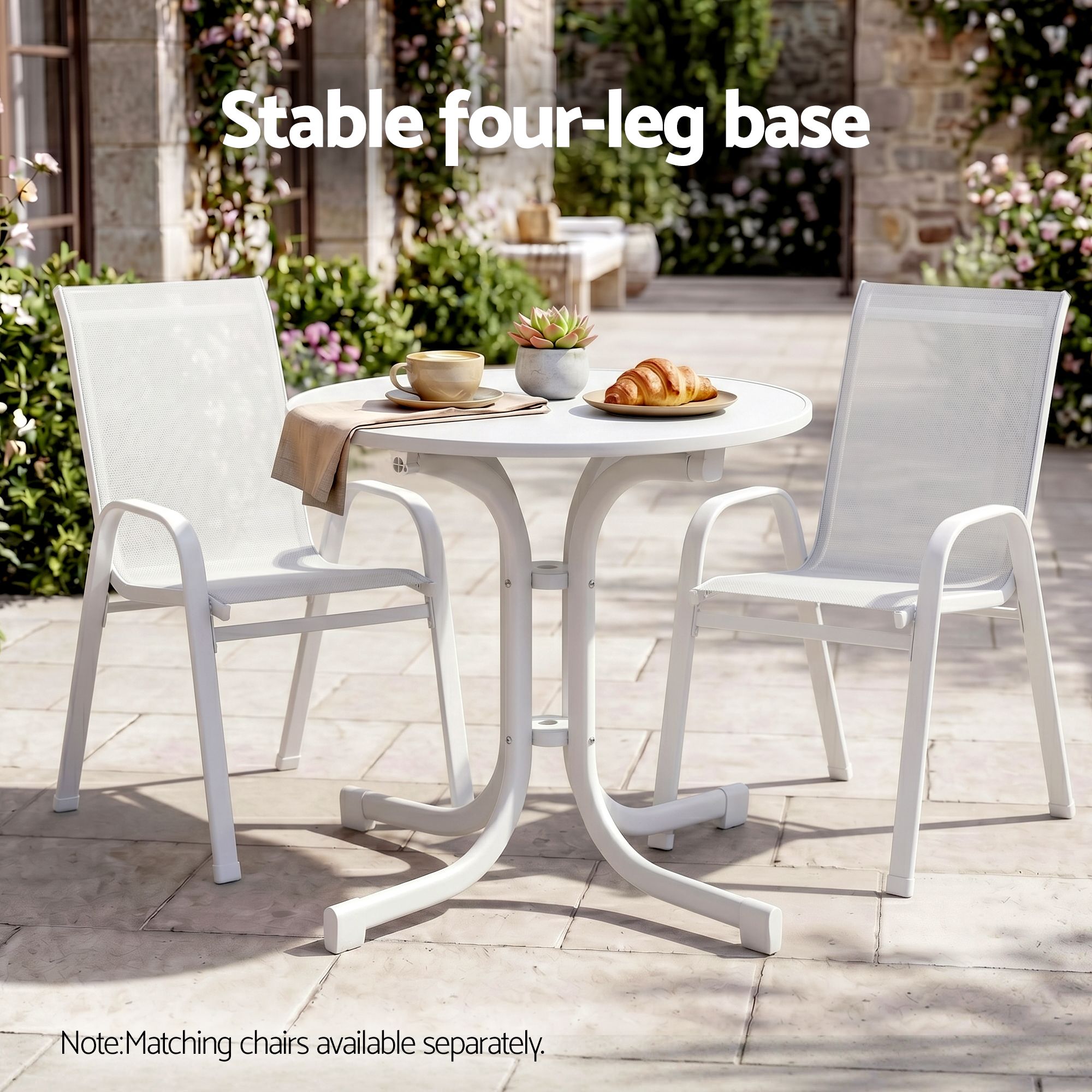 Gardeon Outdoor Side Table 80cm Folding Steel Round Bistro Desk Cafe Patio Furniture White