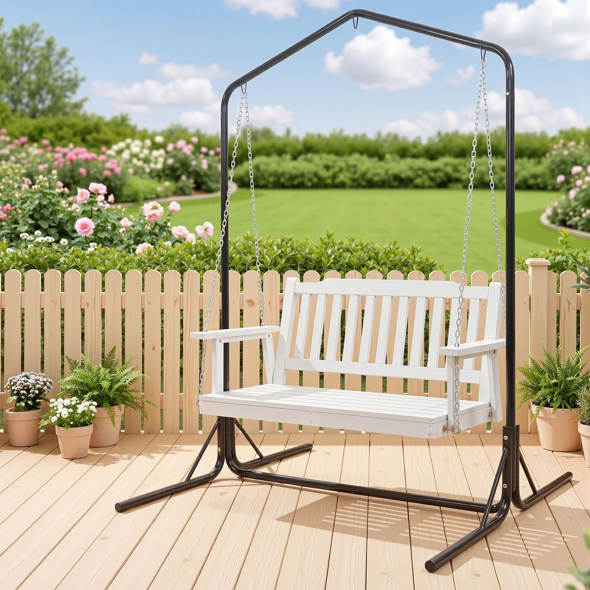 Gardeon Wooden 2-Seater Outdoor Swing Chair with Black Stand White Hanging Chair