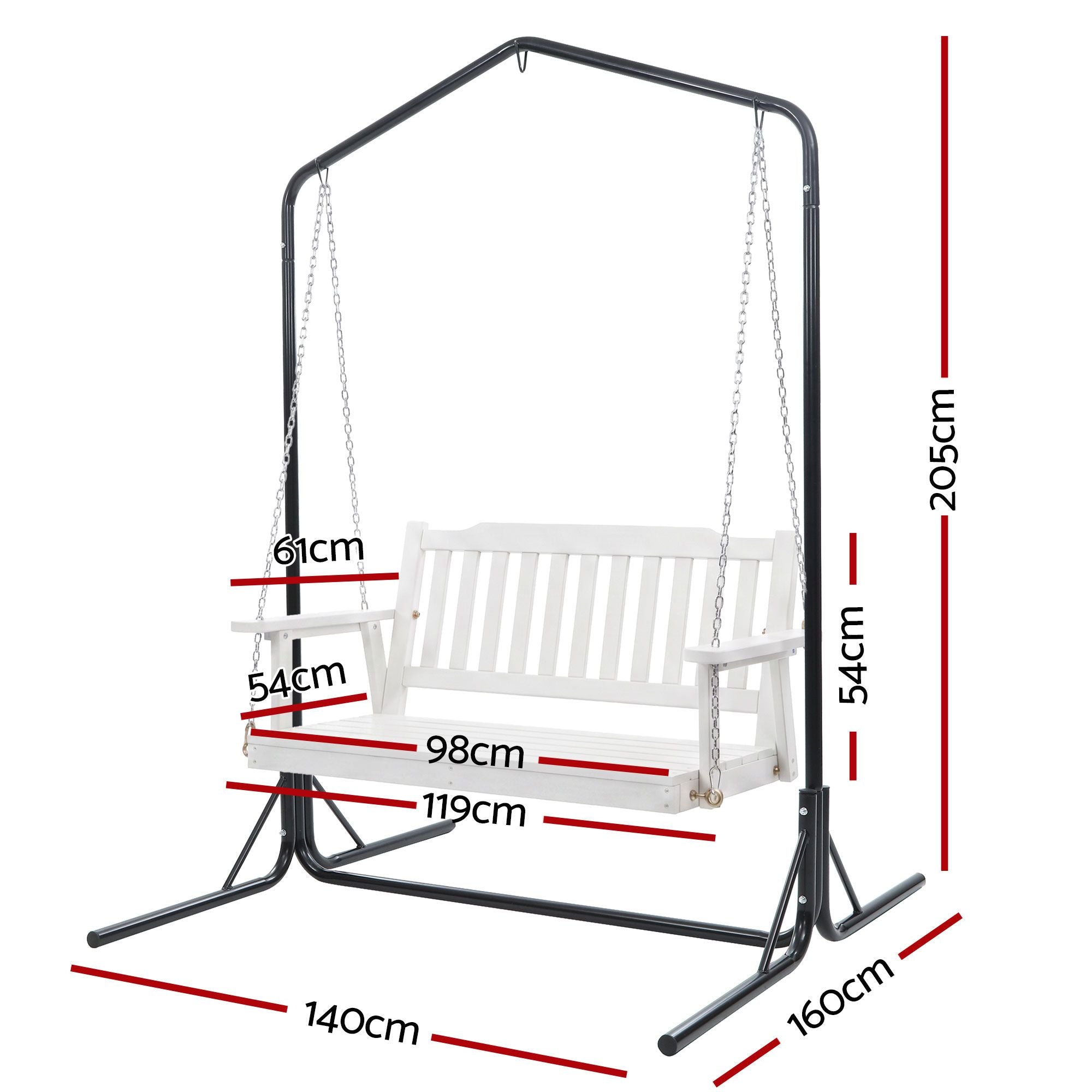 Gardeon Wooden 2-Seater Outdoor Swing Chair with Black Stand White Hanging Chair