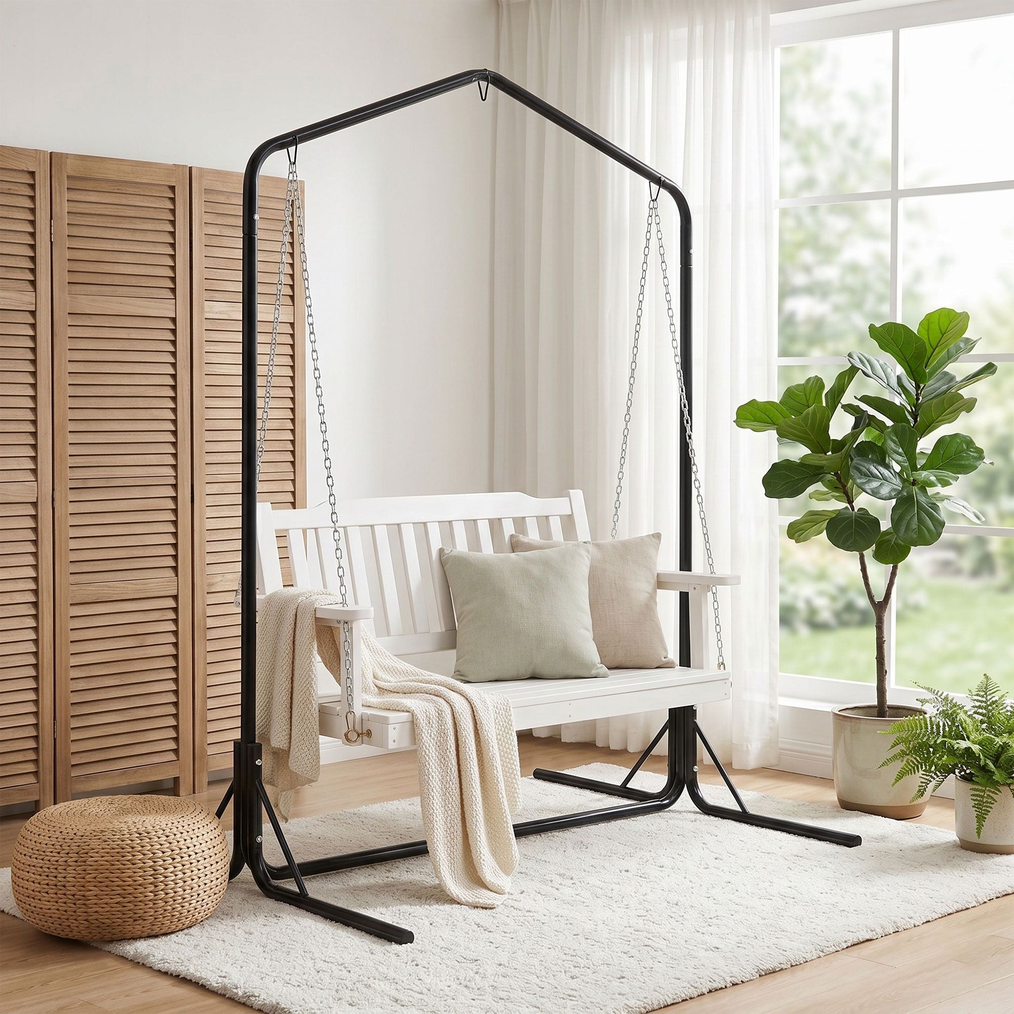 Gardeon Wooden 2-Seater Outdoor Swing Chair with Black Stand White Hanging Chair