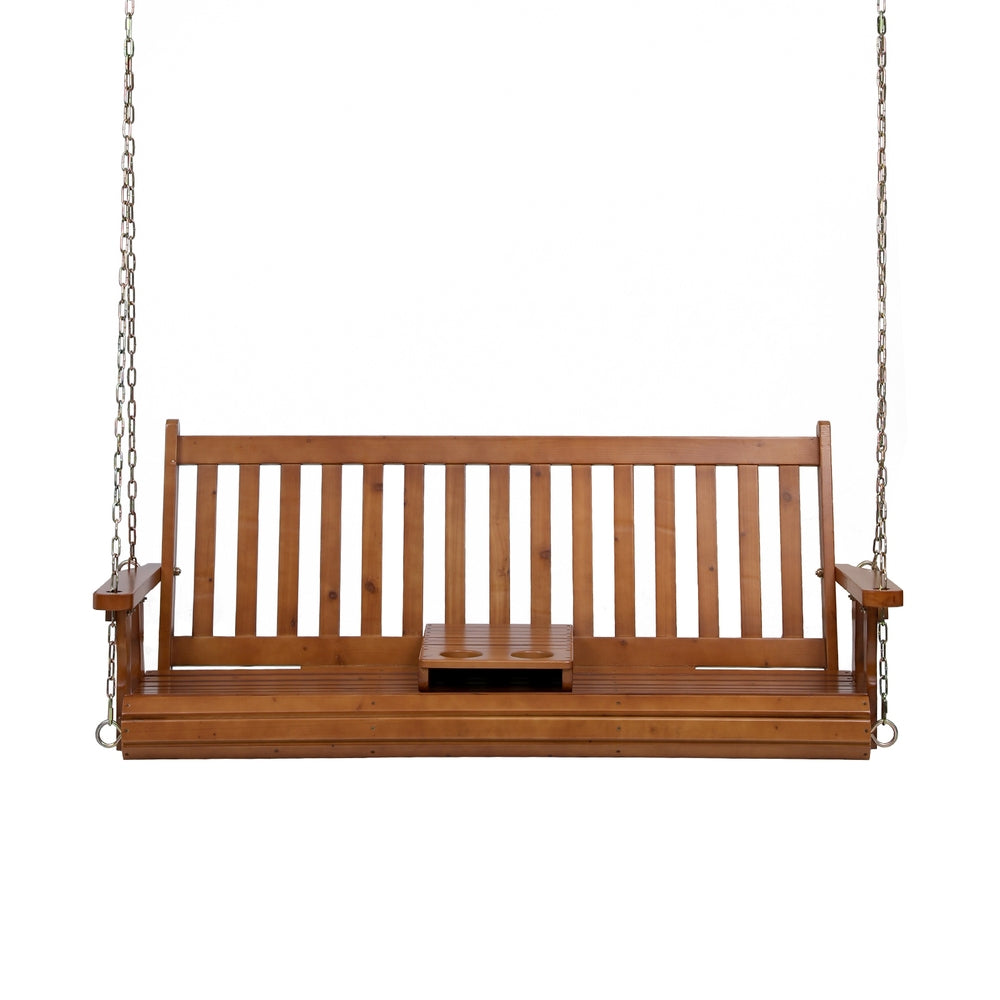 Gardeon Porch Outdoor Swing Chair Patio Furniture Wooden Bench 2 Seat Cup Holder