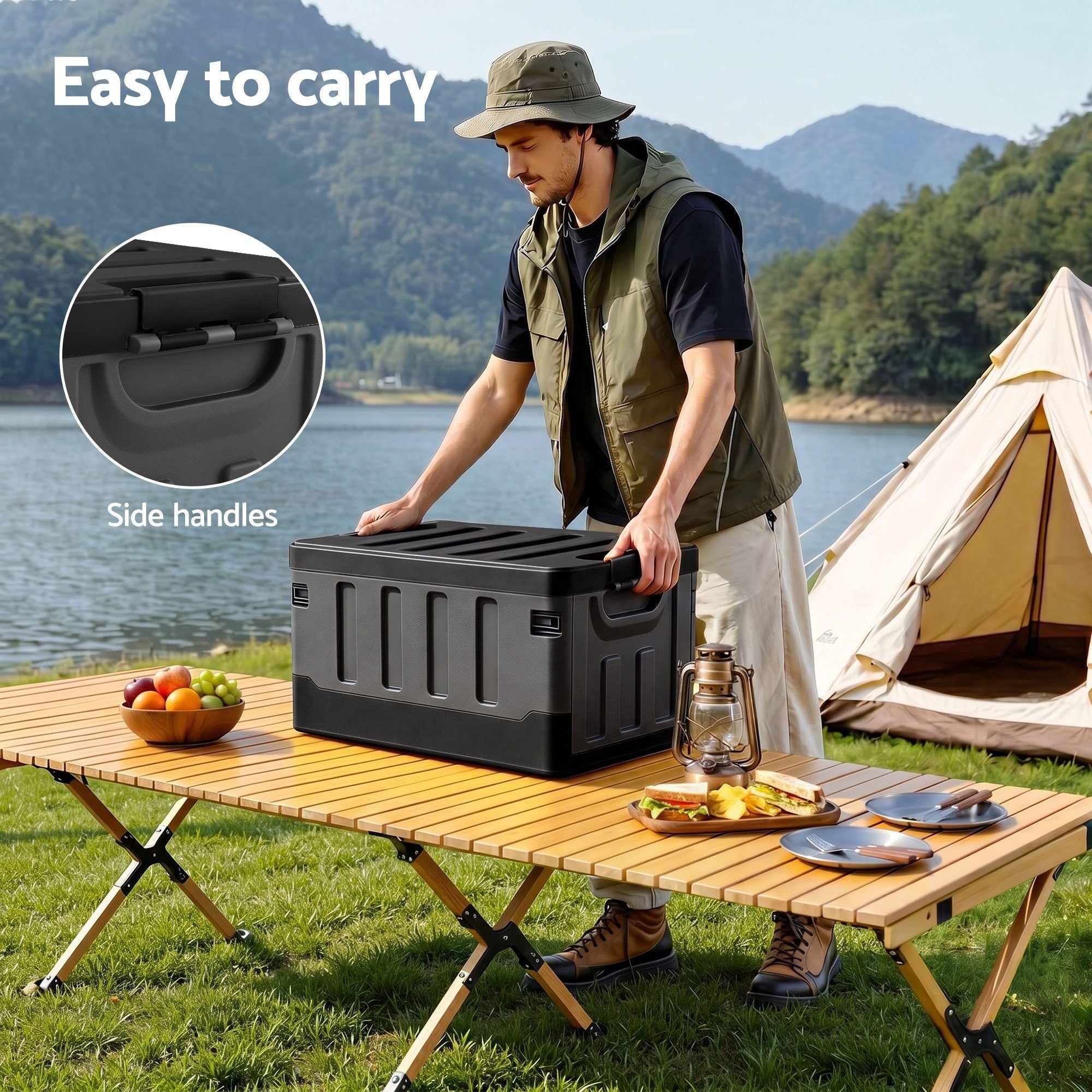 Gardeon Collapsible Outdoor Storage Box 60L Stackable Folding Camping Organizer Black