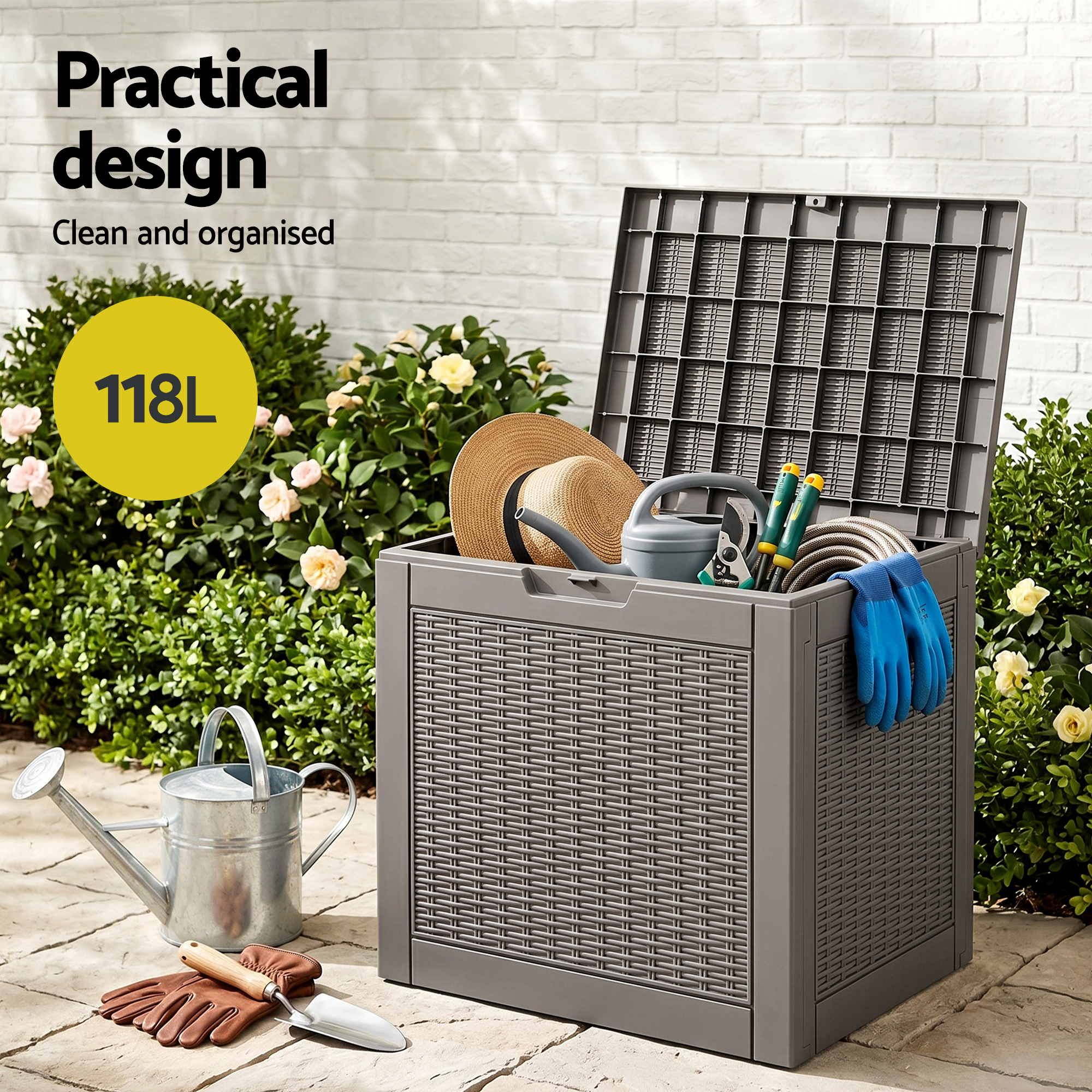 Gardeon Outdoor Storage Box 118L Container Lockable Garden Toy Tool Rattan-Texture Brown
