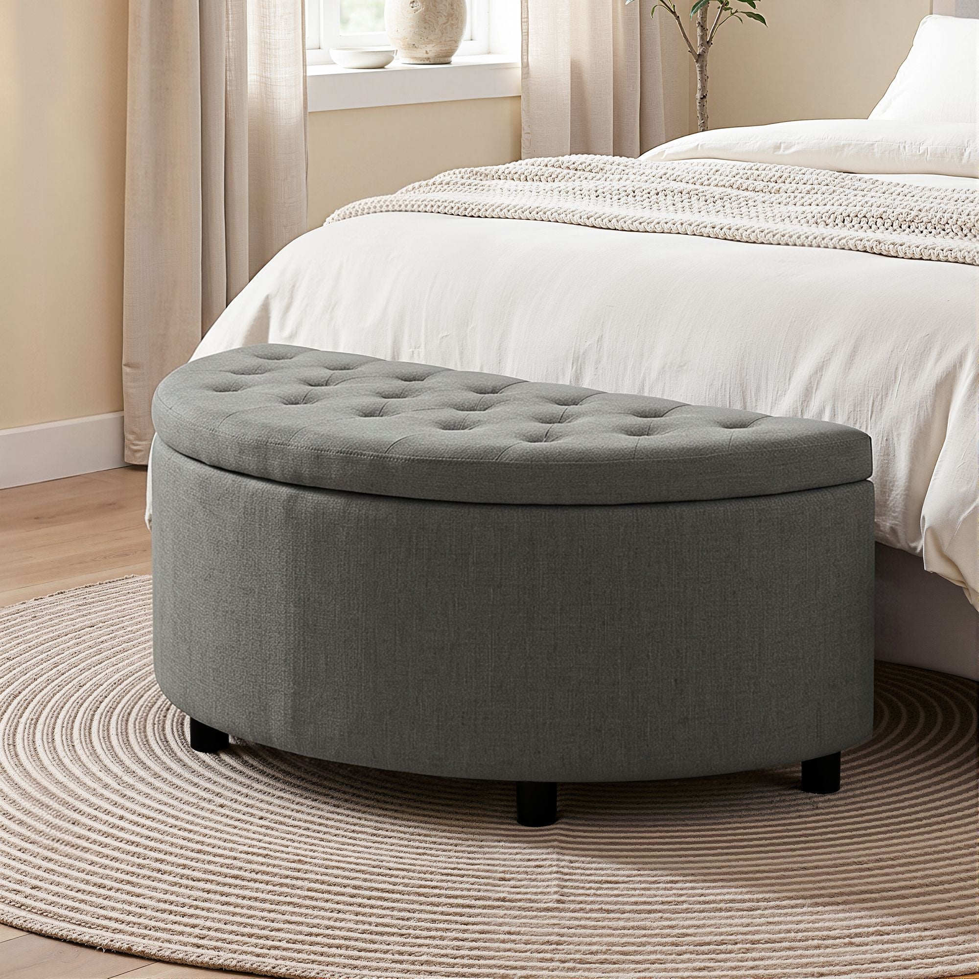 Artiss Storage Ottoman Bench Linen Fabric Tufted Half Round Footstool Grey