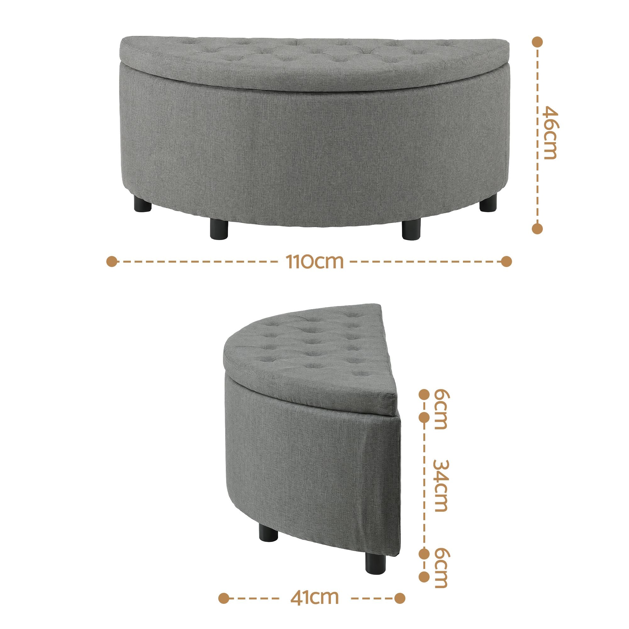 Artiss Storage Ottoman Bench Linen Fabric Tufted Half Round Footstool Grey