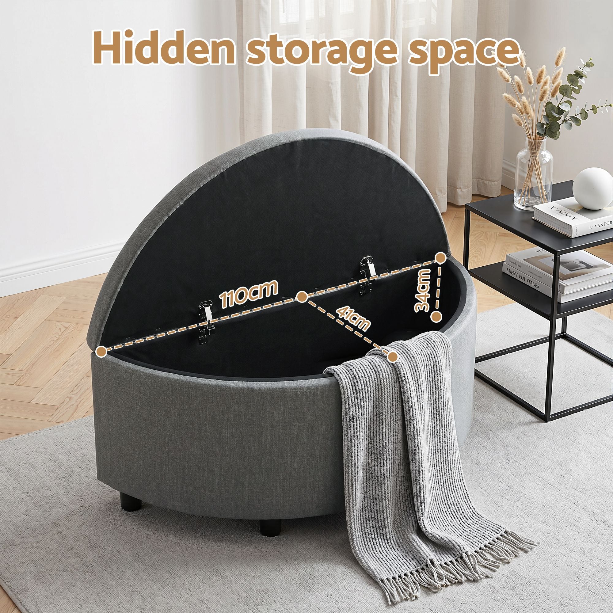 Artiss Storage Ottoman Bench Linen Fabric Tufted Half Round Footstool Grey