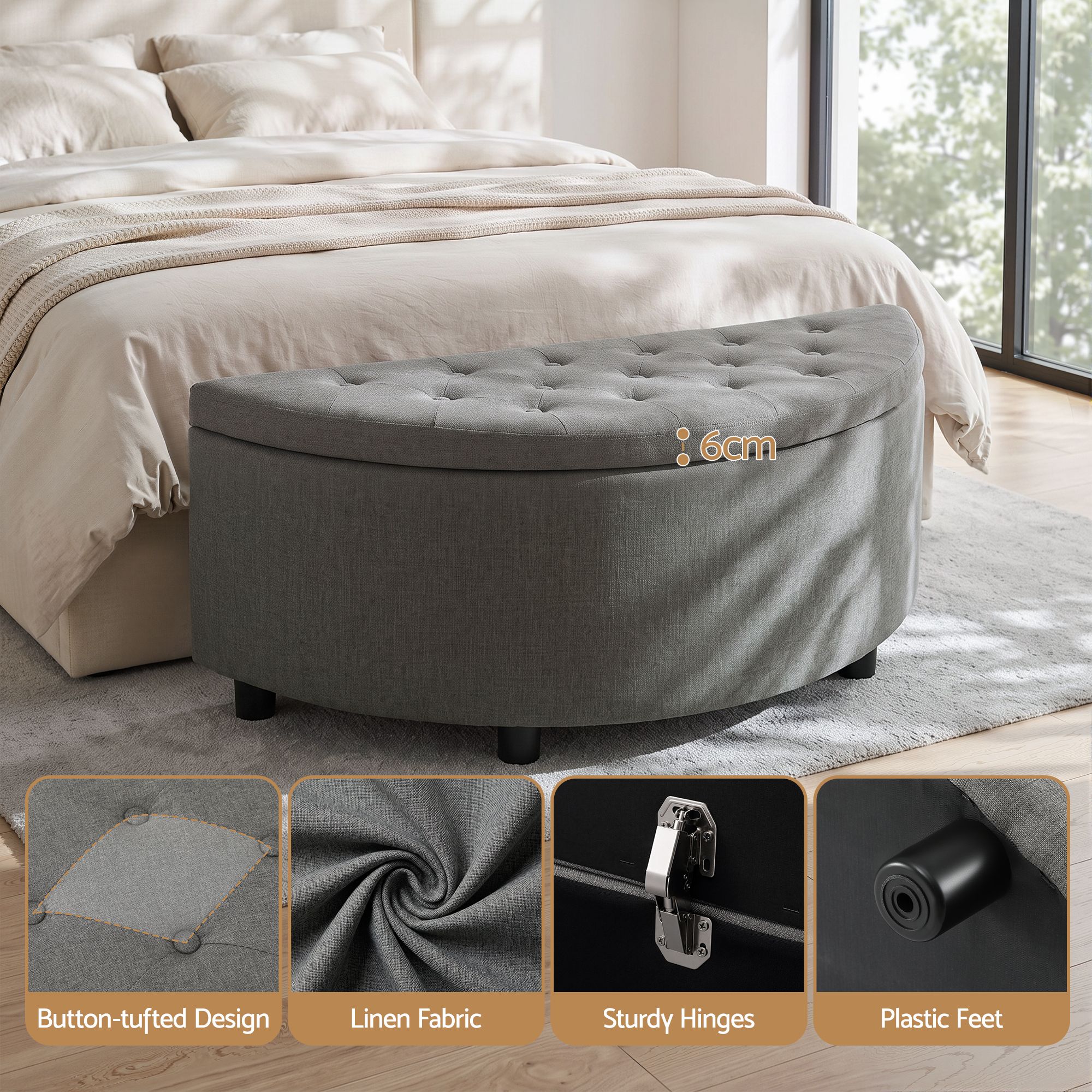 Artiss Storage Ottoman Bench Linen Fabric Tufted Half Round Footstool Grey