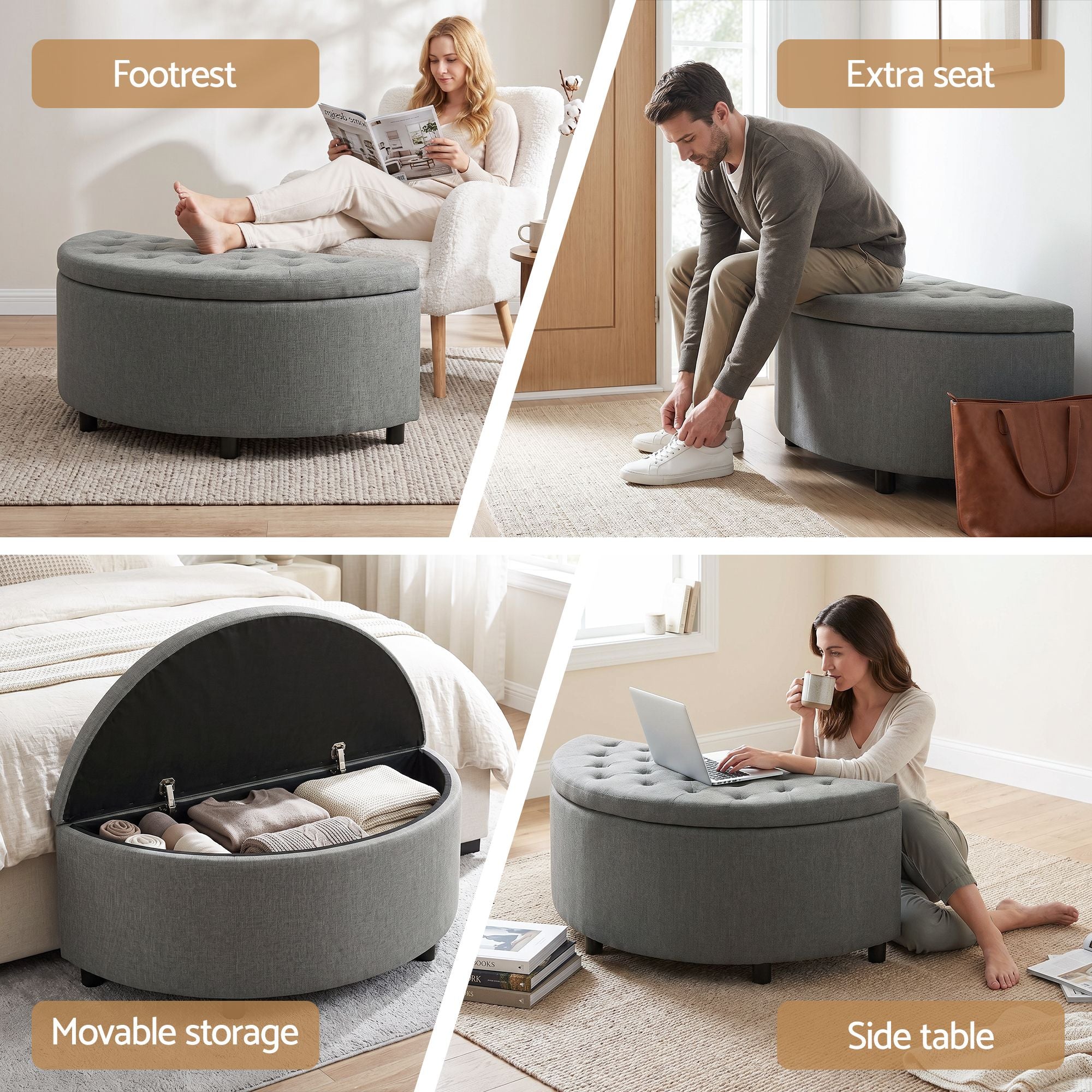 Artiss Storage Ottoman Bench Linen Fabric Tufted Half Round Footstool Grey