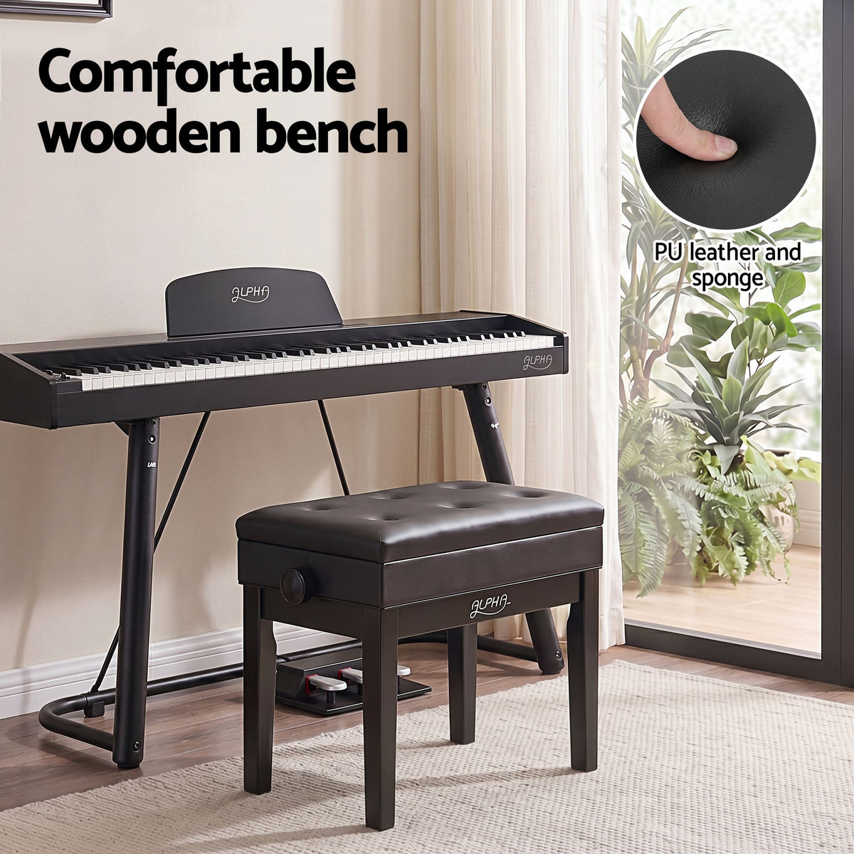 Alpha Adjustable Piano Bench Wooden Keyboard Seat Padded, Black