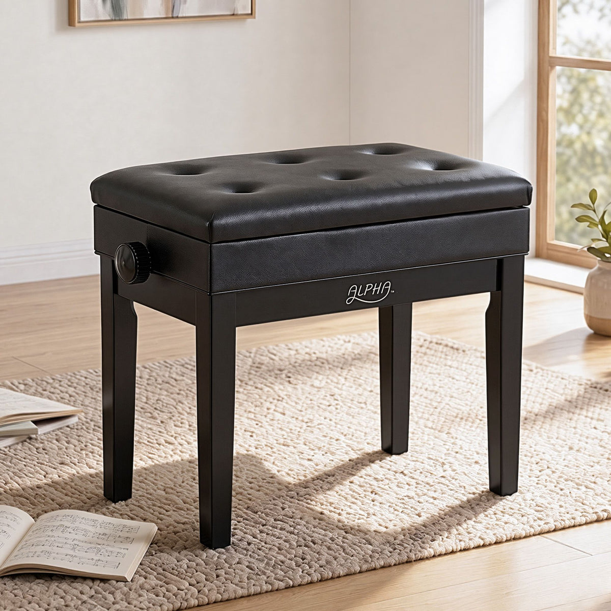 Alpha Adjustable Piano Bench Wooden Keyboard Seat Padded, Black