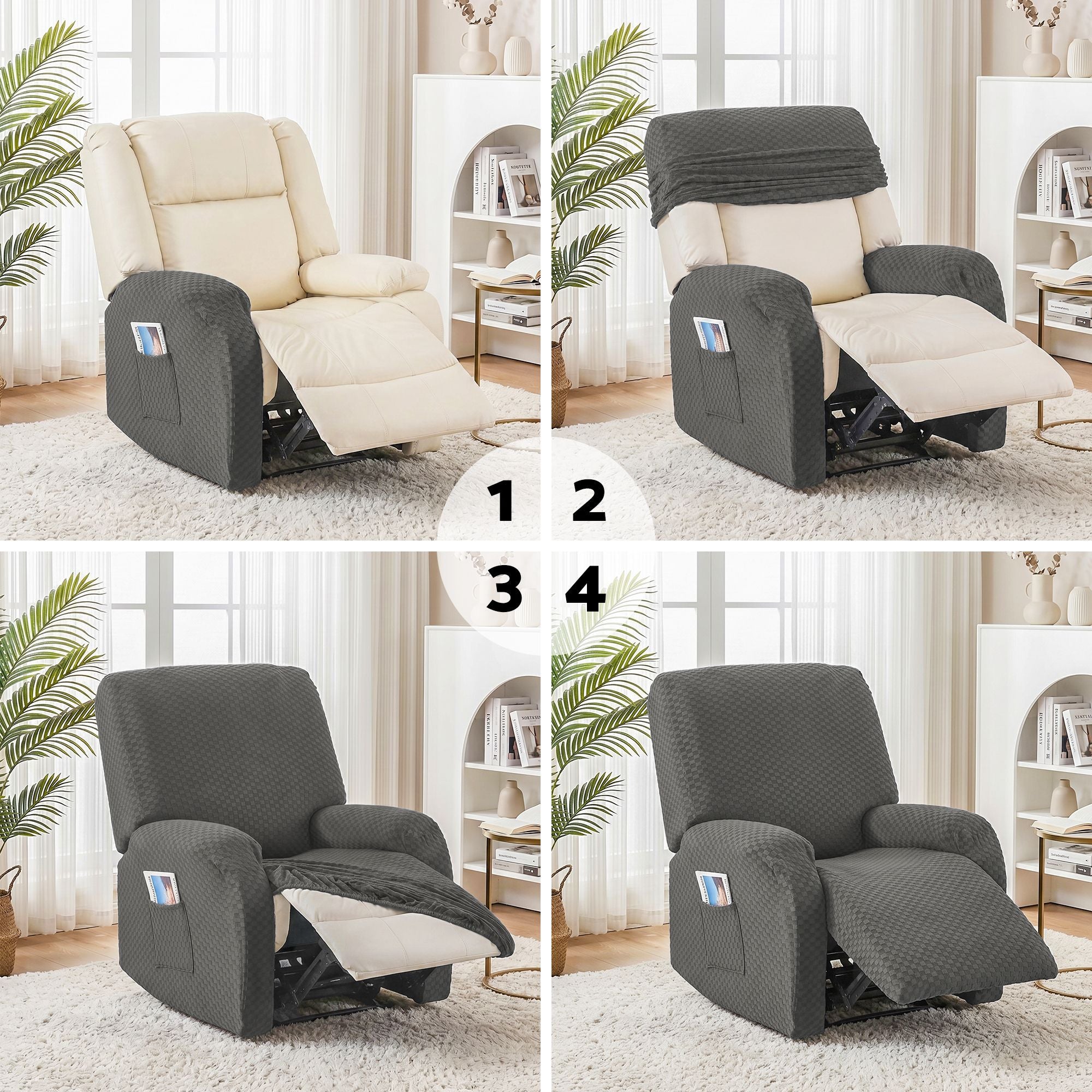 Artiss Recliner Chair Covers with Storage Side Pockets Grey Fabric