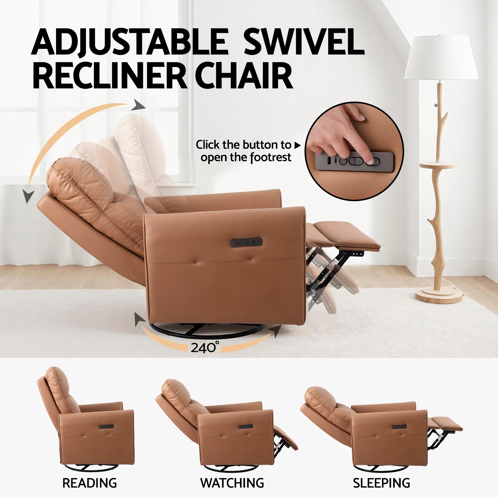 Artiss Swivel Recliner Chair PU Leather Rocking Reclining Sofa with Charging Ports LED Brown