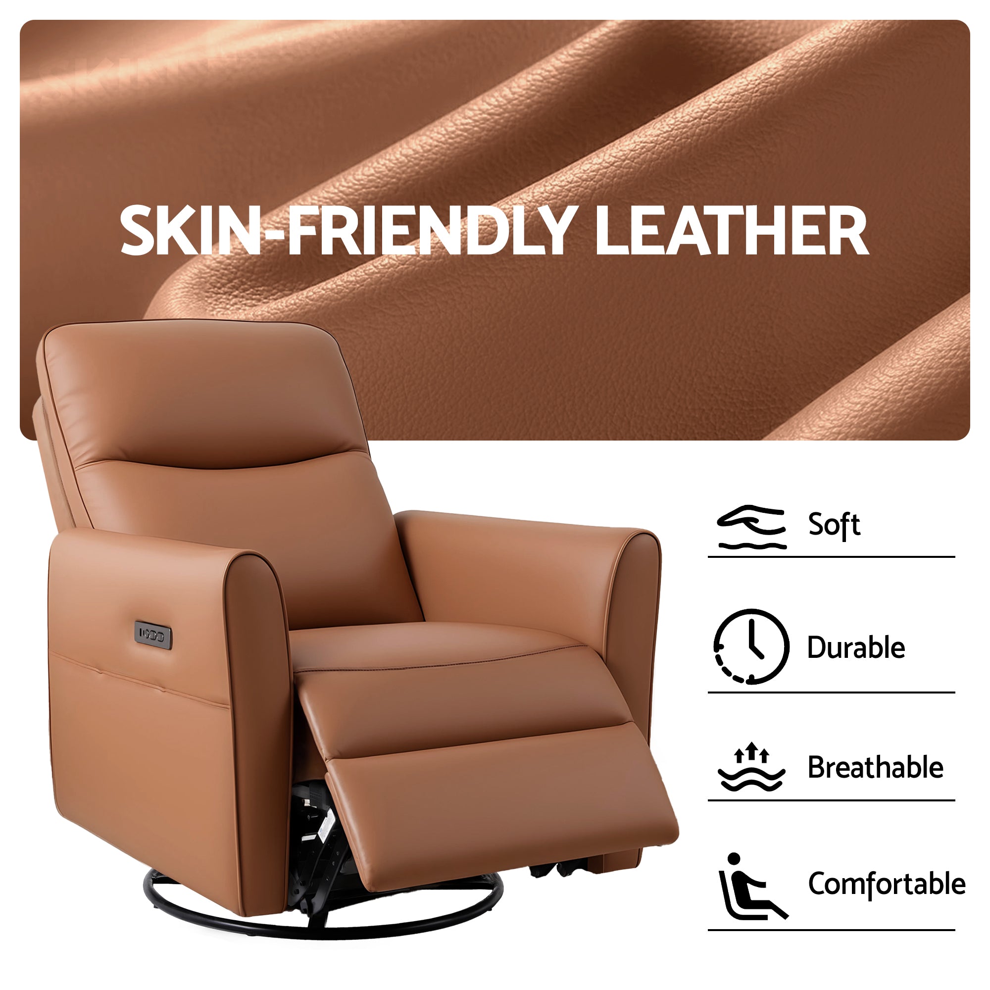 Artiss Swivel Recliner Chair PU Leather Rocking Reclining Sofa with Charging Ports LED Brown
