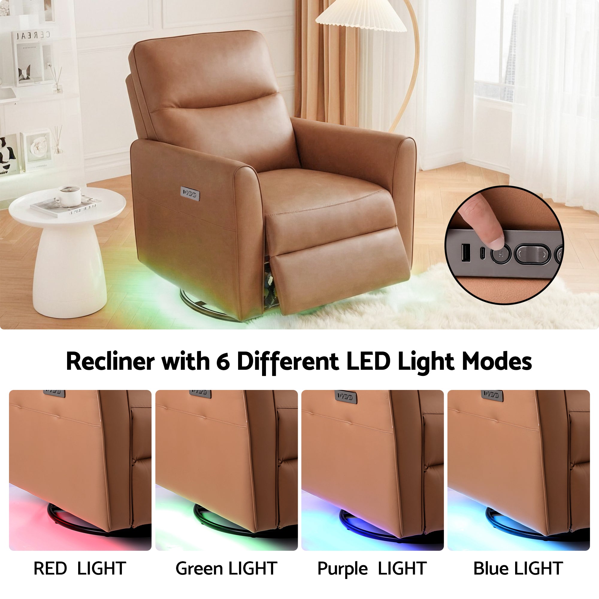 Artiss Swivel Recliner Chair PU Leather Rocking Reclining Sofa with Charging Ports LED Brown