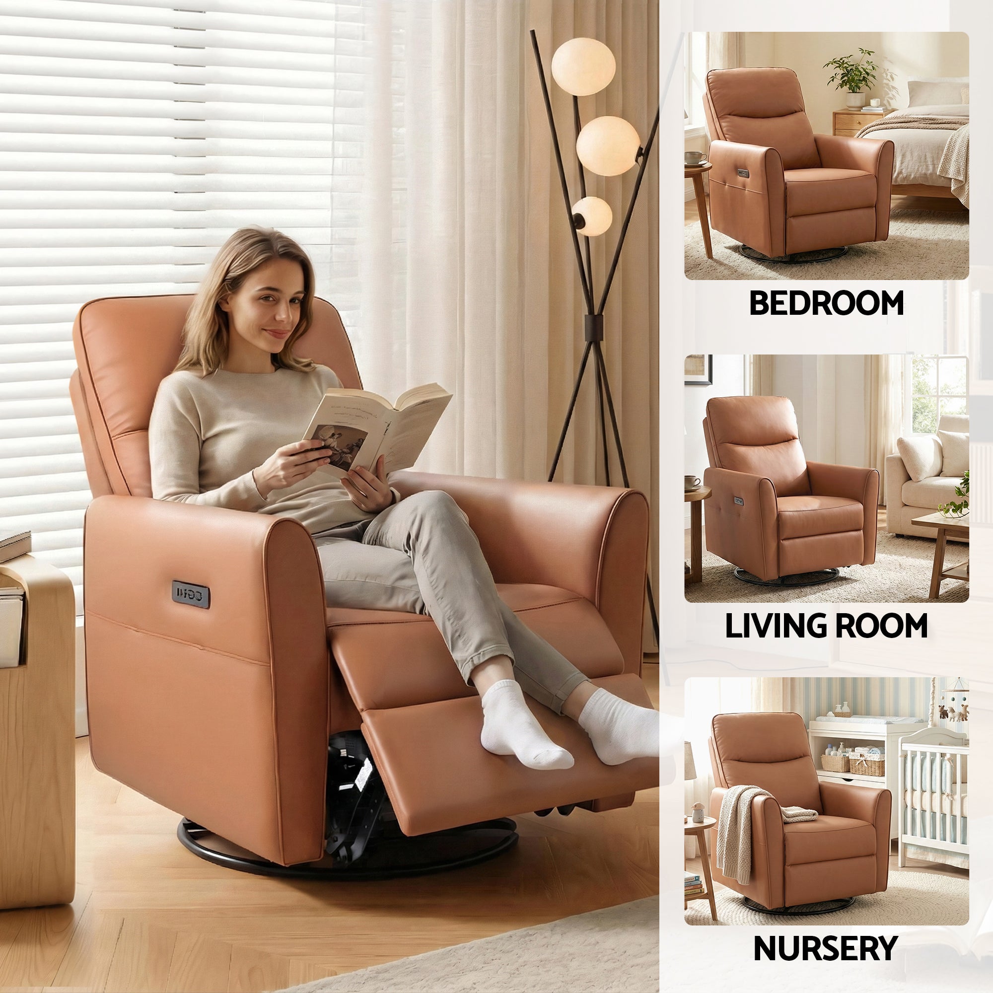 Artiss Swivel Recliner Chair PU Leather Rocking Reclining Sofa with Charging Ports LED Brown