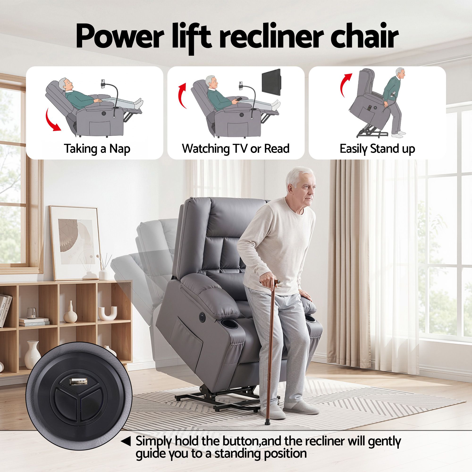 Artiss Power Lift Recliner Chair with Massage and Heat for Elderly, Electric Sofa Reclining Chair with USB and Phone Holder, PU Leather Comfy Armchair for Living Room, 2 Cup Holder & 4 Pockets, Grey