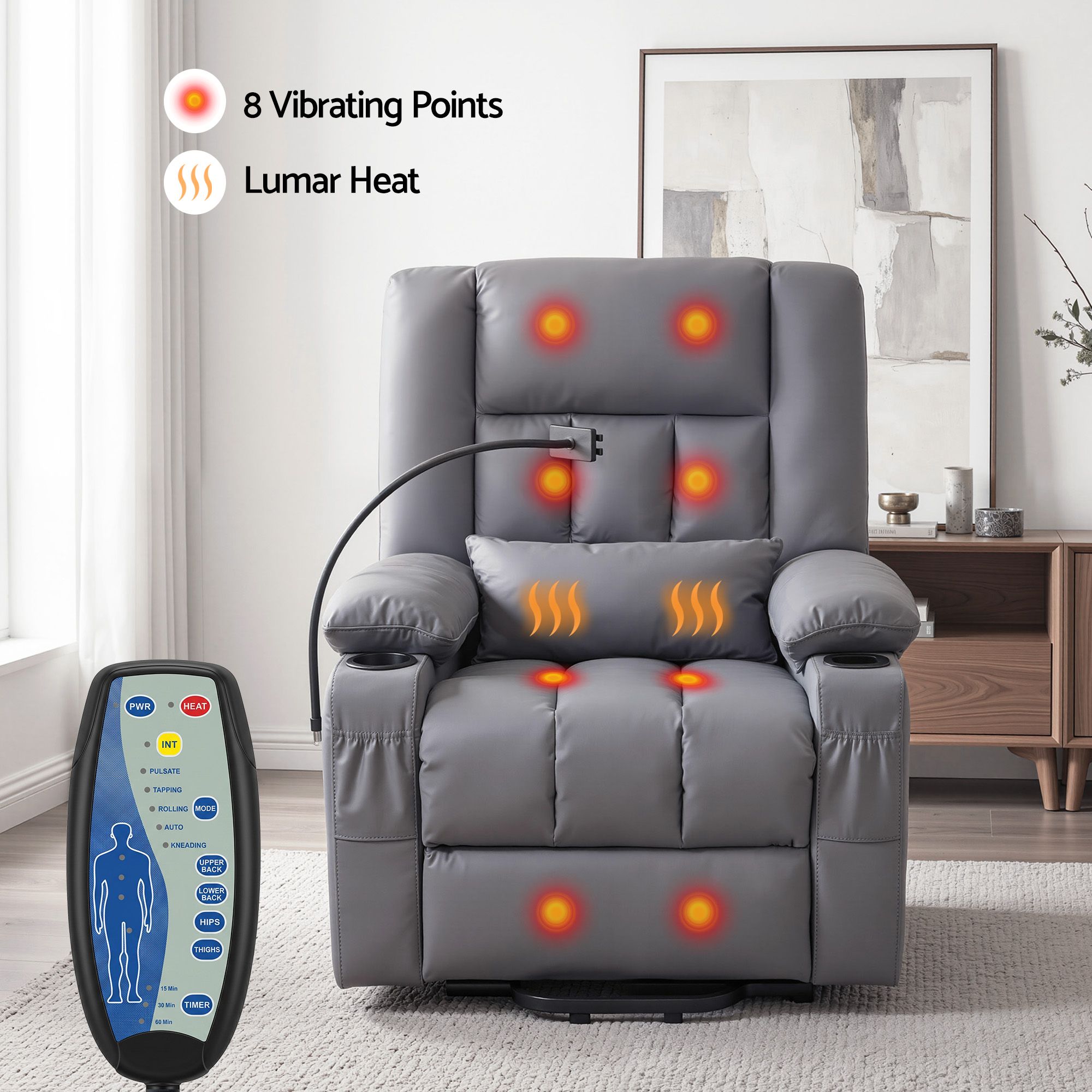 Artiss Power Lift Recliner Chair with Massage and Heat for Elderly, Electric Sofa Reclining Chair with USB and Phone Holder, PU Leather Comfy Armchair for Living Room, 2 Cup Holder & 4 Pockets, Grey