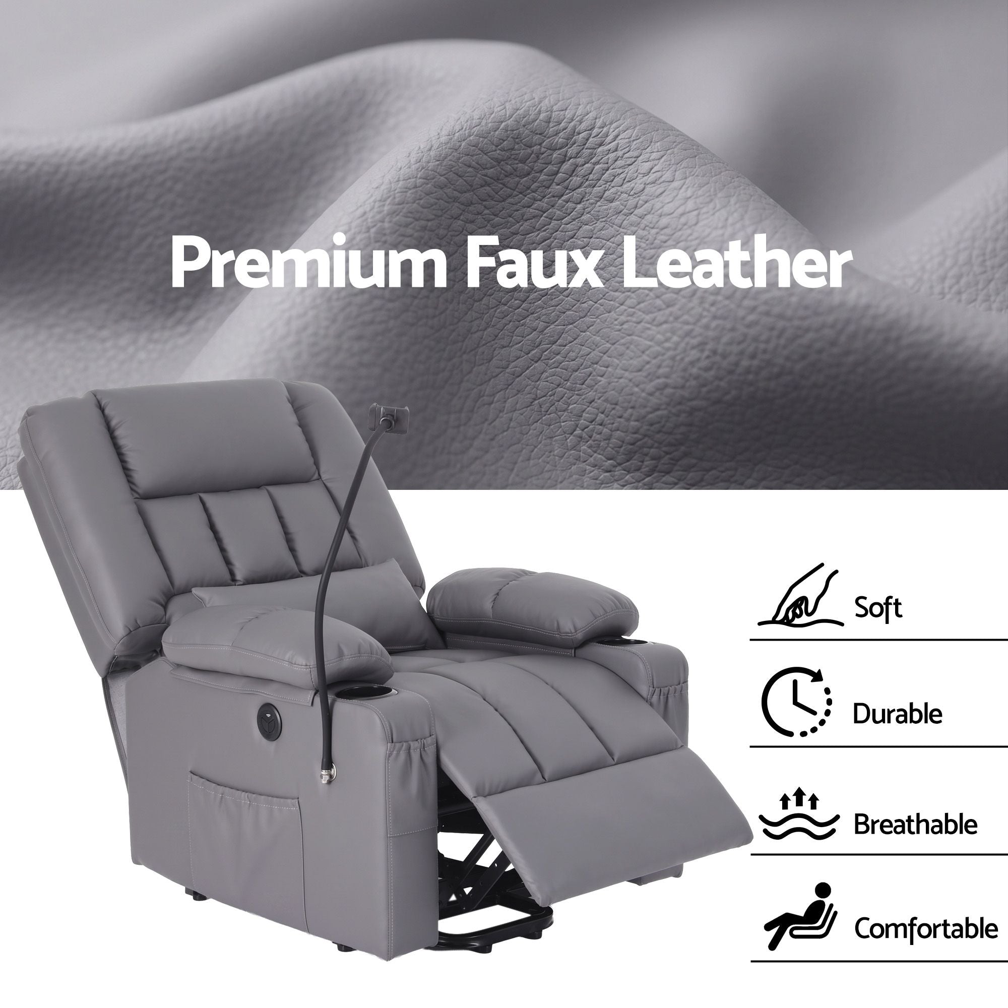 Artiss Power Lift Recliner Chair with Massage and Heat for Elderly, Electric Sofa Reclining Chair with USB and Phone Holder, PU Leather Comfy Armchair for Living Room, 2 Cup Holder & 4 Pockets, Grey