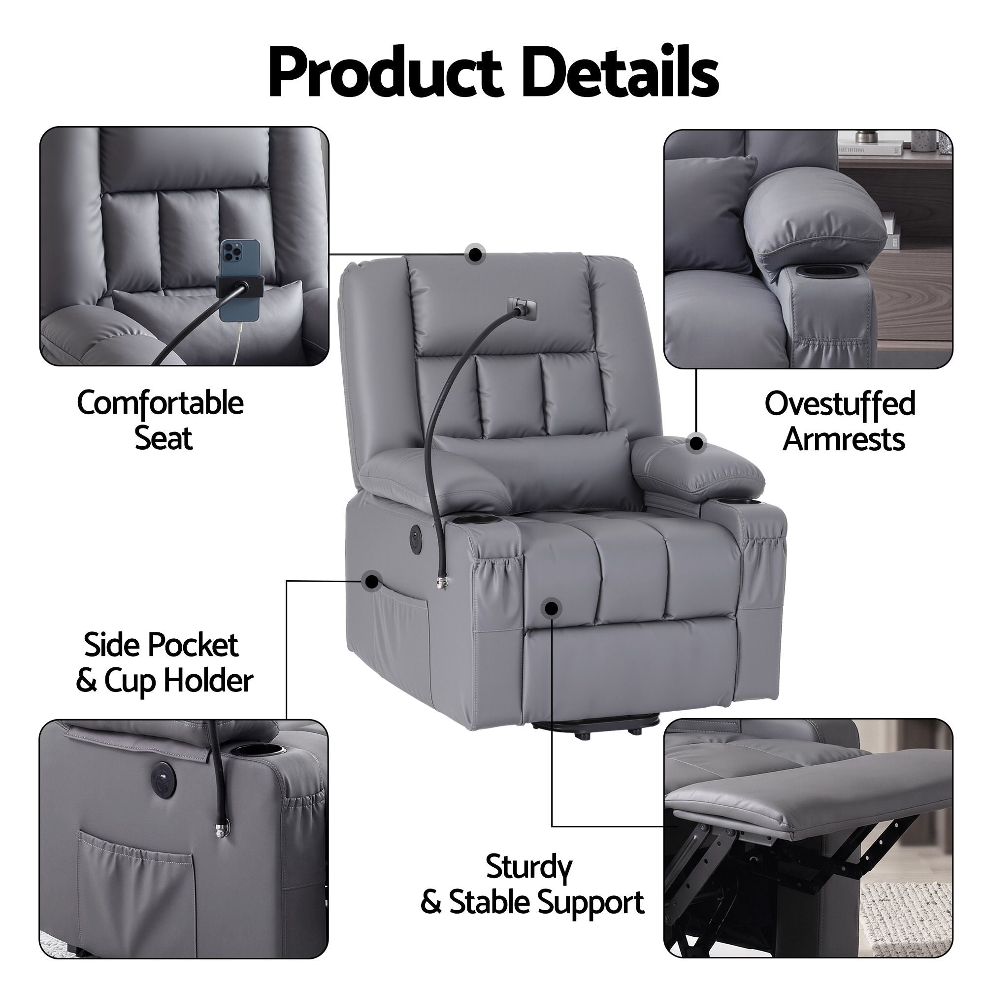 Artiss Power Lift Recliner Chair with Massage and Heat for Elderly, Electric Sofa Reclining Chair with USB and Phone Holder, PU Leather Comfy Armchair for Living Room, 2 Cup Holder & 4 Pockets, Grey