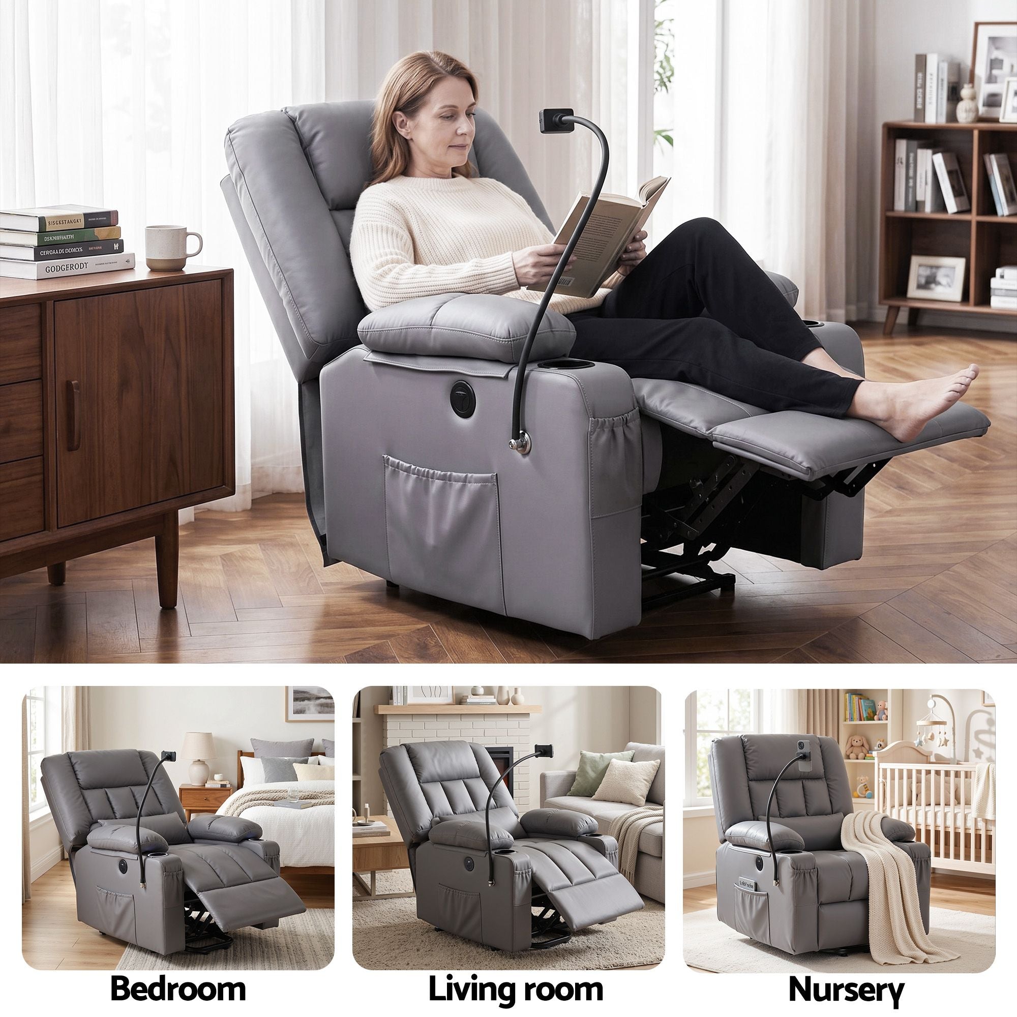 Artiss Power Lift Recliner Chair with Massage and Heat for Elderly, Electric Sofa Reclining Chair with USB and Phone Holder, PU Leather Comfy Armchair for Living Room, 2 Cup Holder & 4 Pockets, Grey