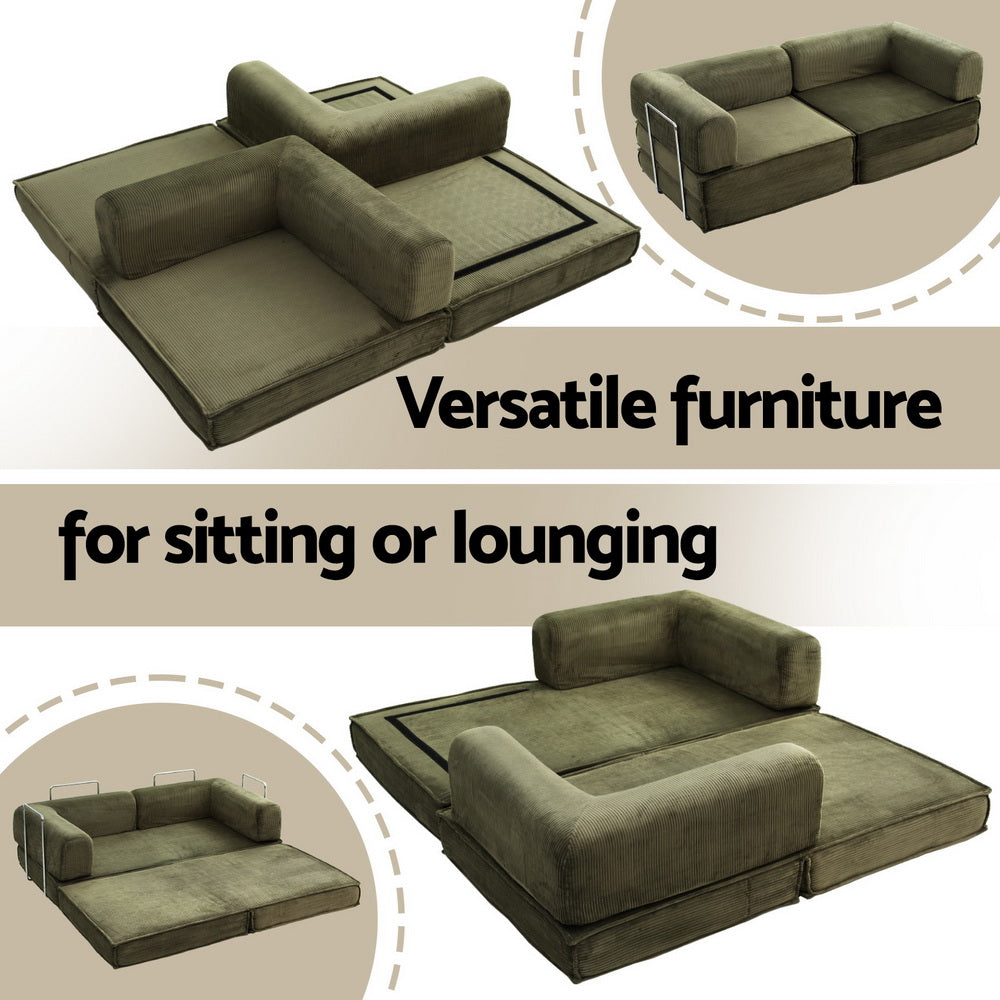 Artiss Convertible Folding Sofa Bed Pull Out Mattress Sleeper Couch Corduroy Green