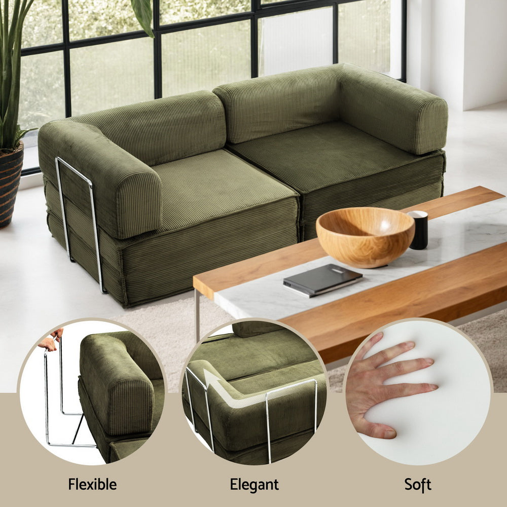 Artiss Convertible Folding Sofa Bed Pull Out Mattress Sleeper Couch Corduroy Green