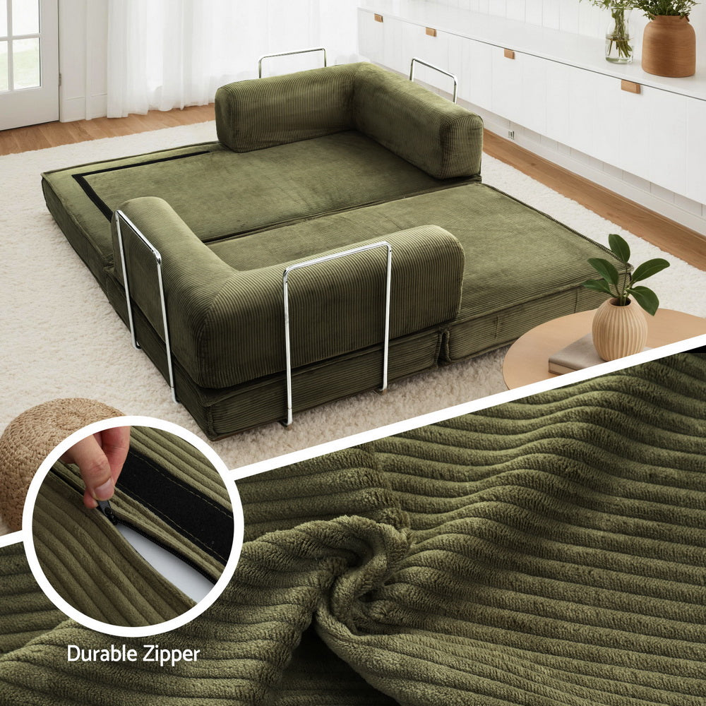 Artiss Convertible Folding Sofa Bed Pull Out Mattress Sleeper Couch Corduroy Green