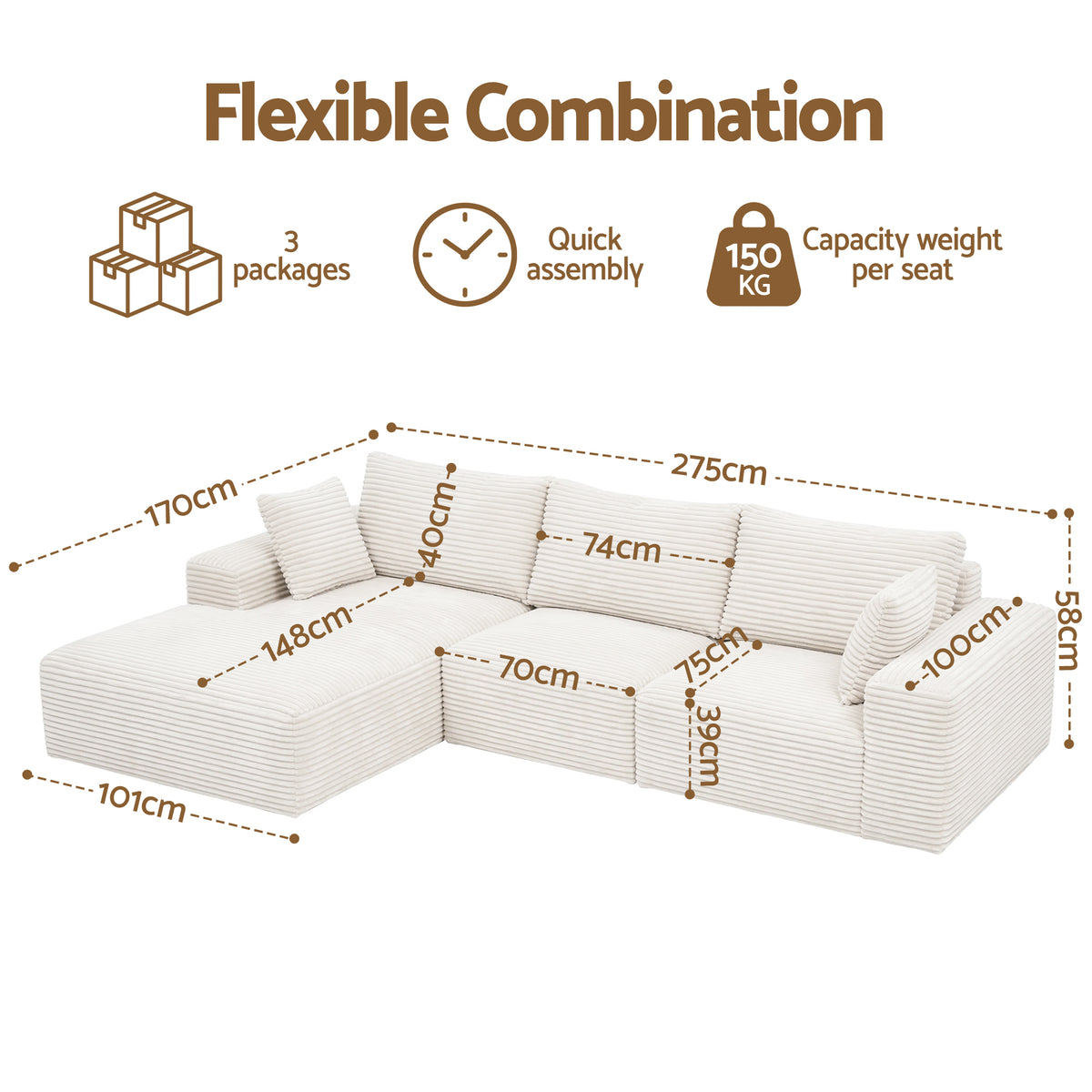 Artiss 3 Seater Modular Sofa Bed Sectional Boneless Couches for Living Room Corduroy Compressed Sofa White