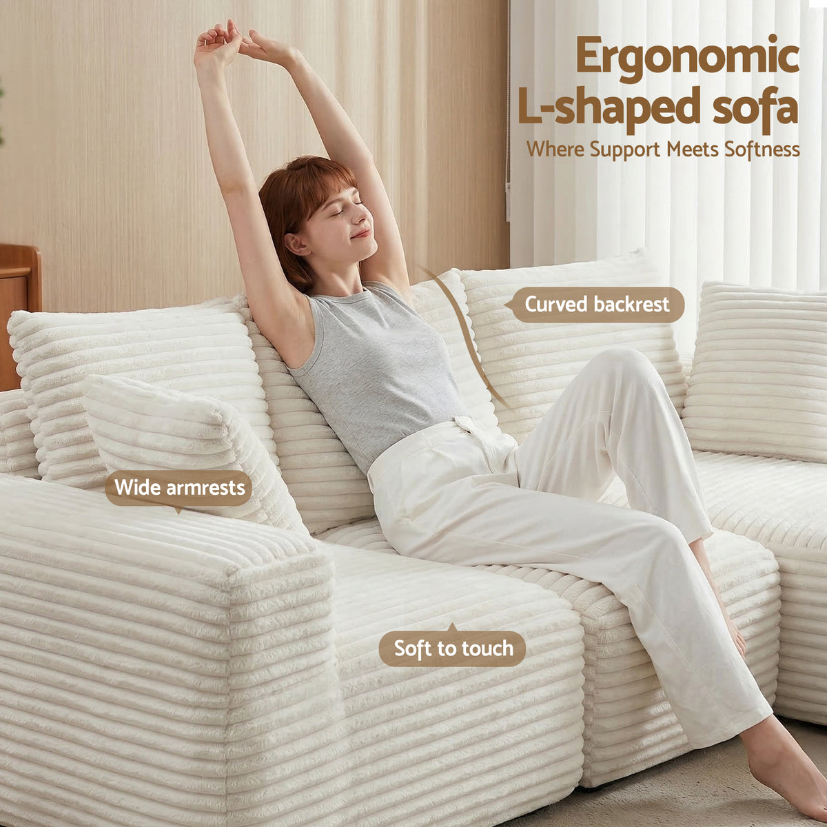 Artiss 3 Seater Modular Sofa Bed Sectional Boneless Couches for Living Room Corduroy Compressed Sofa White
