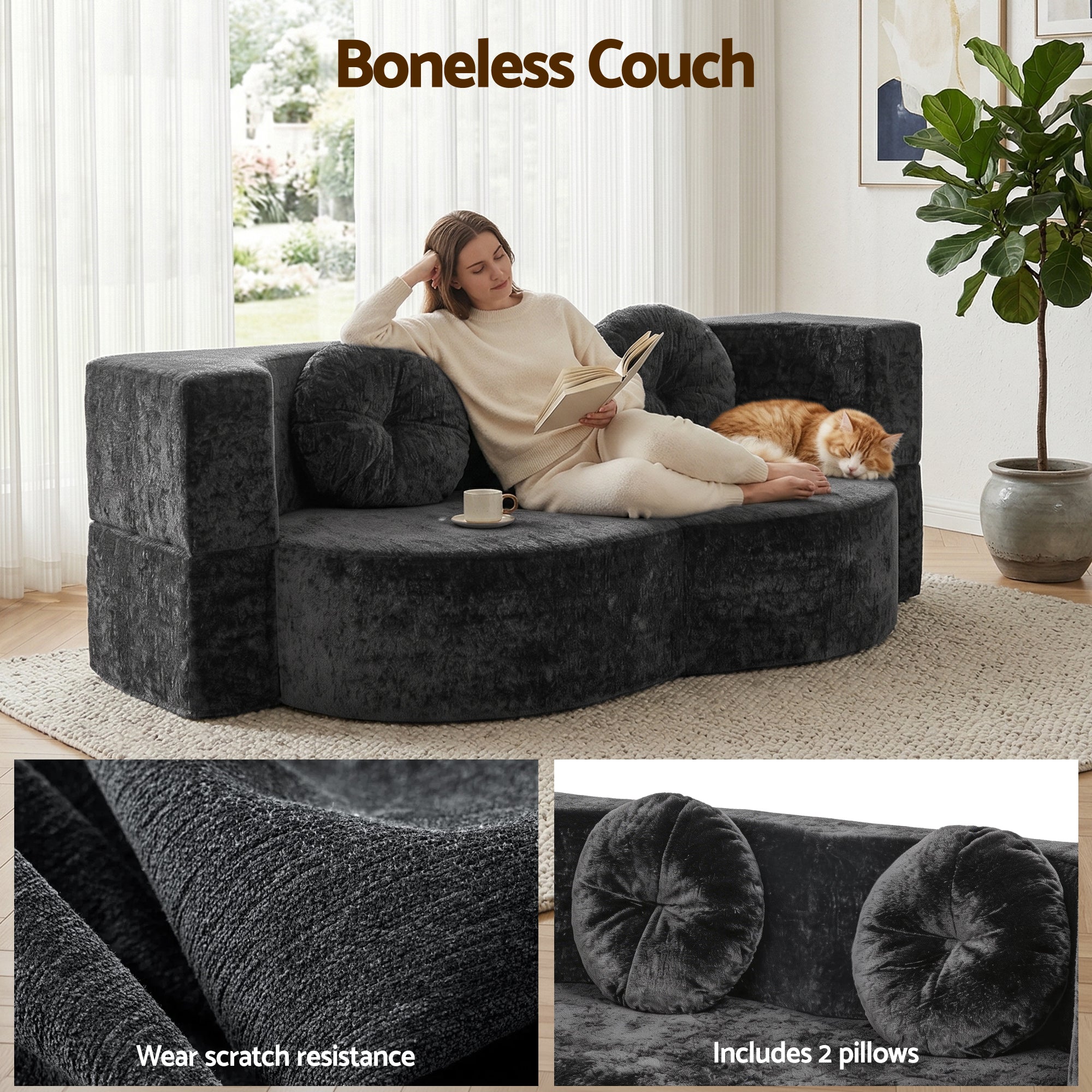 Artiss 2 in 1 Convertible Compressed Sofa Bed, Folding Boneless Sofabed for Living Room ,Comfort Curved Sleeper Couch with High Density Sponge, Apartment Essentials, No Assembly, 2 Pillows, Grey