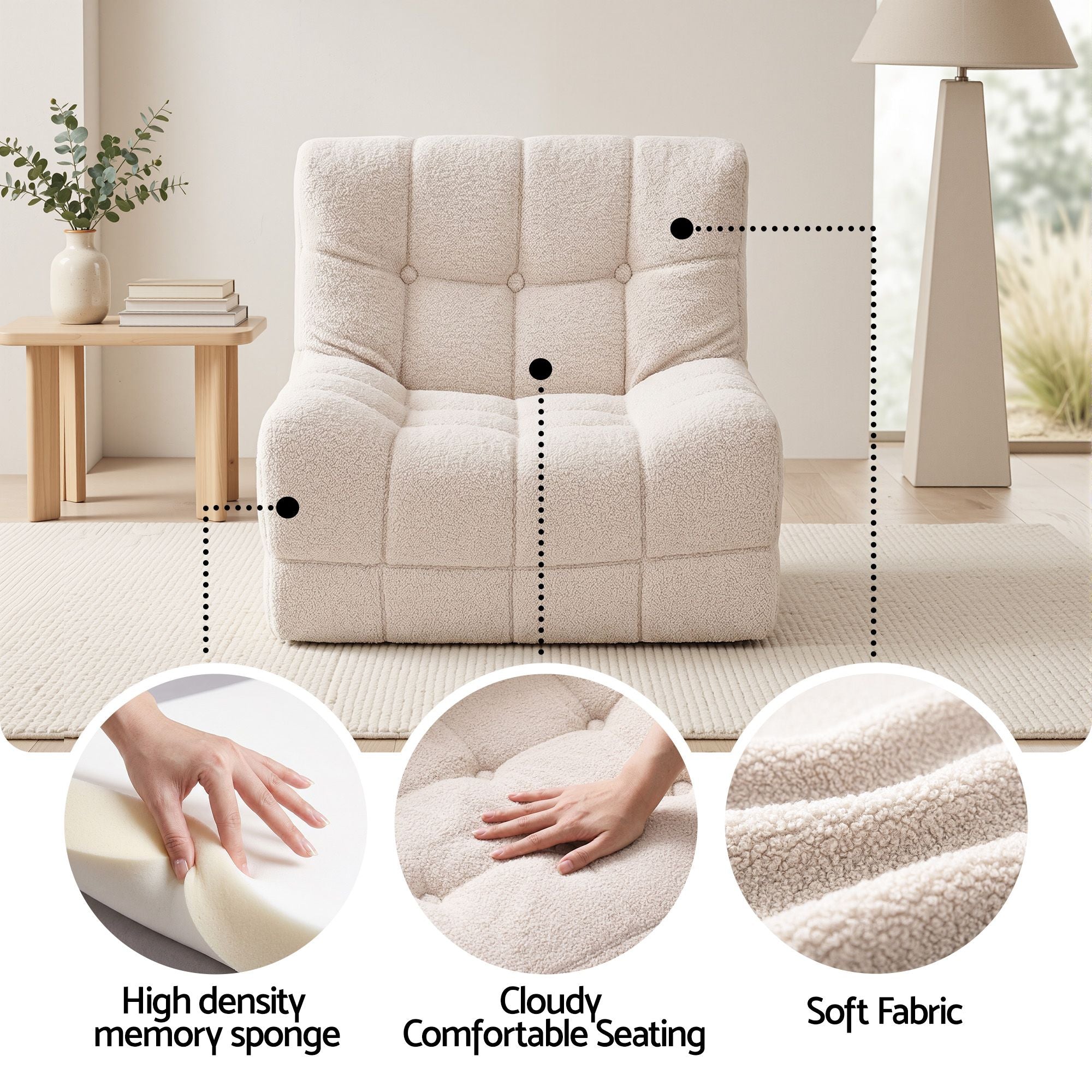 Artiss Single Small Boneless Couches for Living Room White Fabric