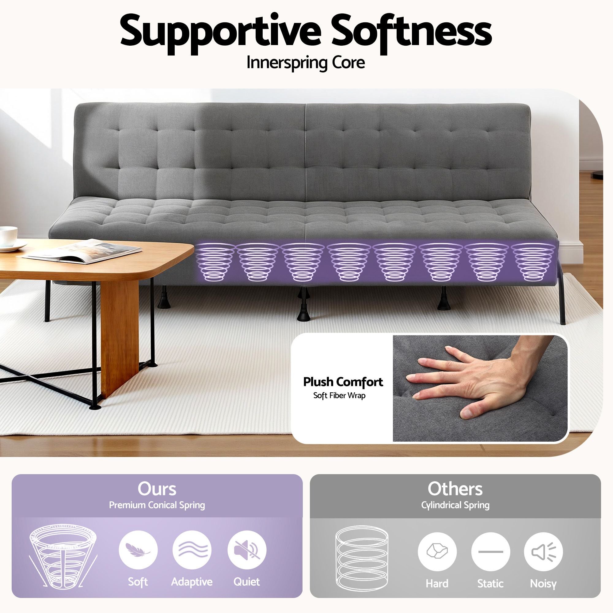 Artiss Sofa Bed, 1.9m 3-Seater Soft Innerspring Adjustable Couch Futon Chair for Apartment Dorm Living Room Office Study Bedroom, Grey