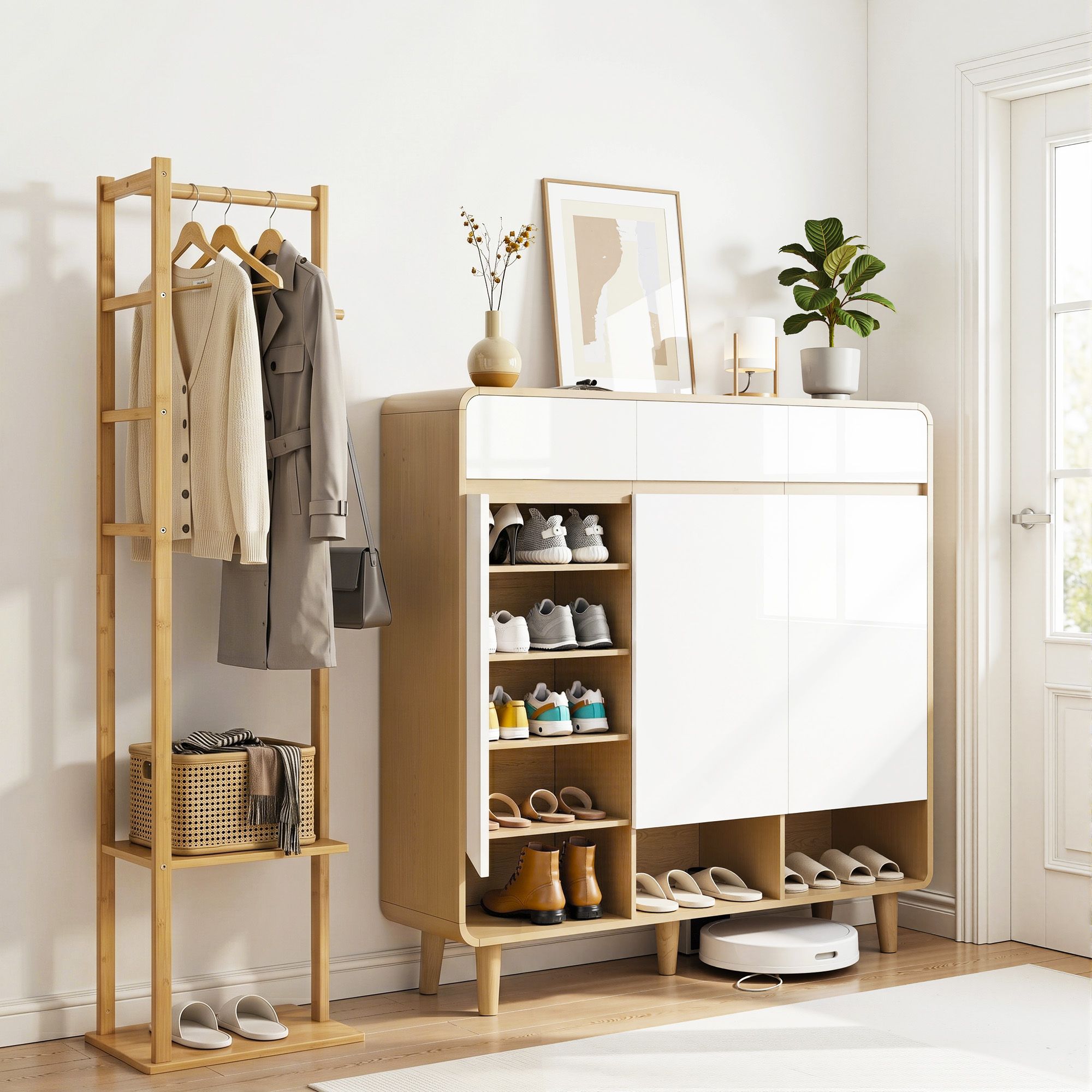 Artiss Shoe Rack Cabinet Wooden & Bamboo Clothes Rack Set Storage Shelf White Pine