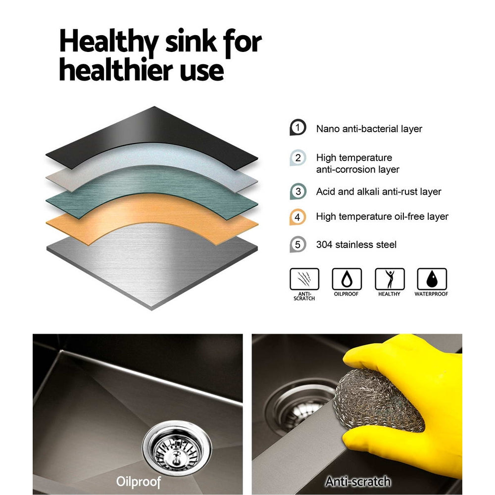 Cefito Kitchen Sink 75X45CM Stainless Steel Basin Single Bowl Black