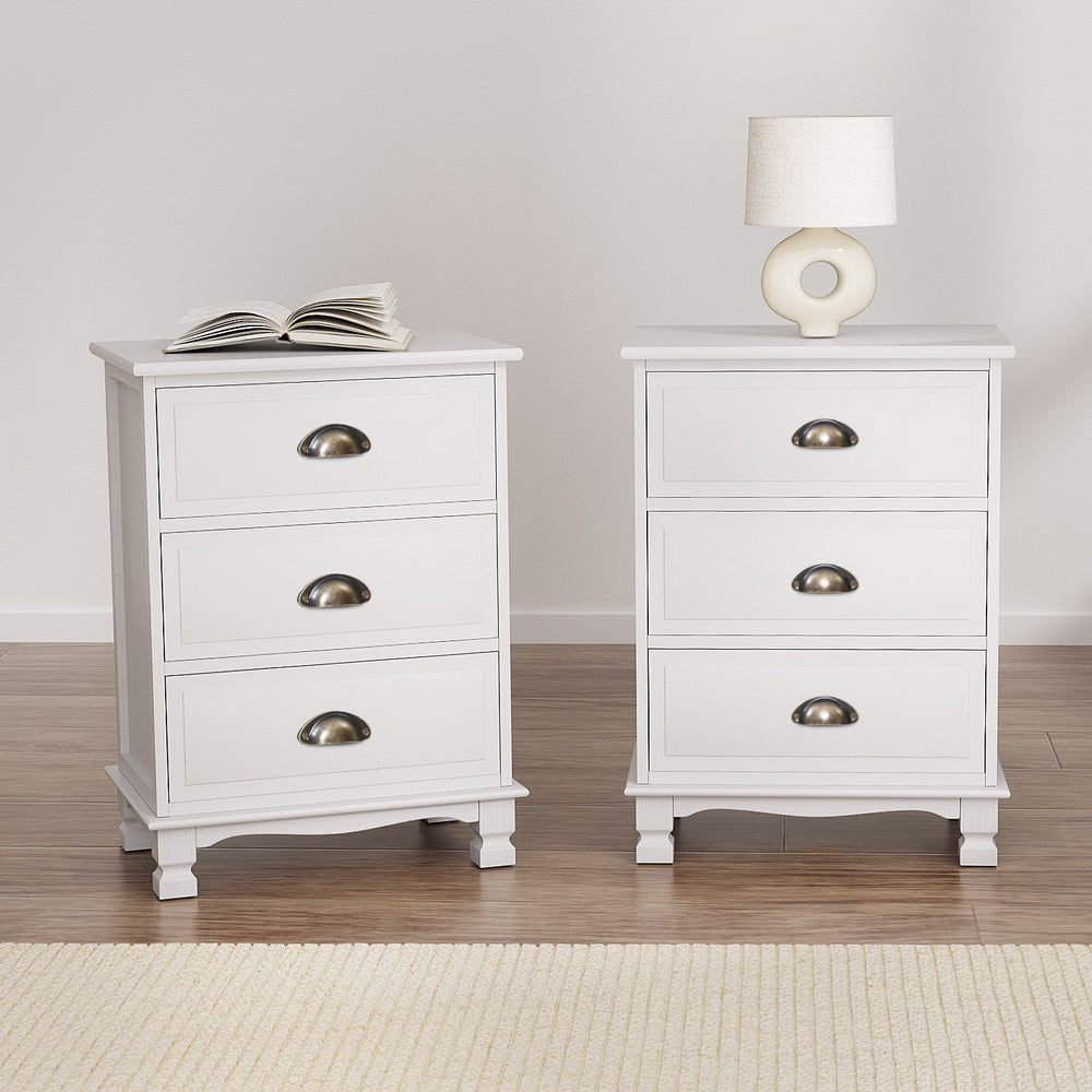 Artiss 2x Bedside Table 3 Drawers Vintage - THYME White